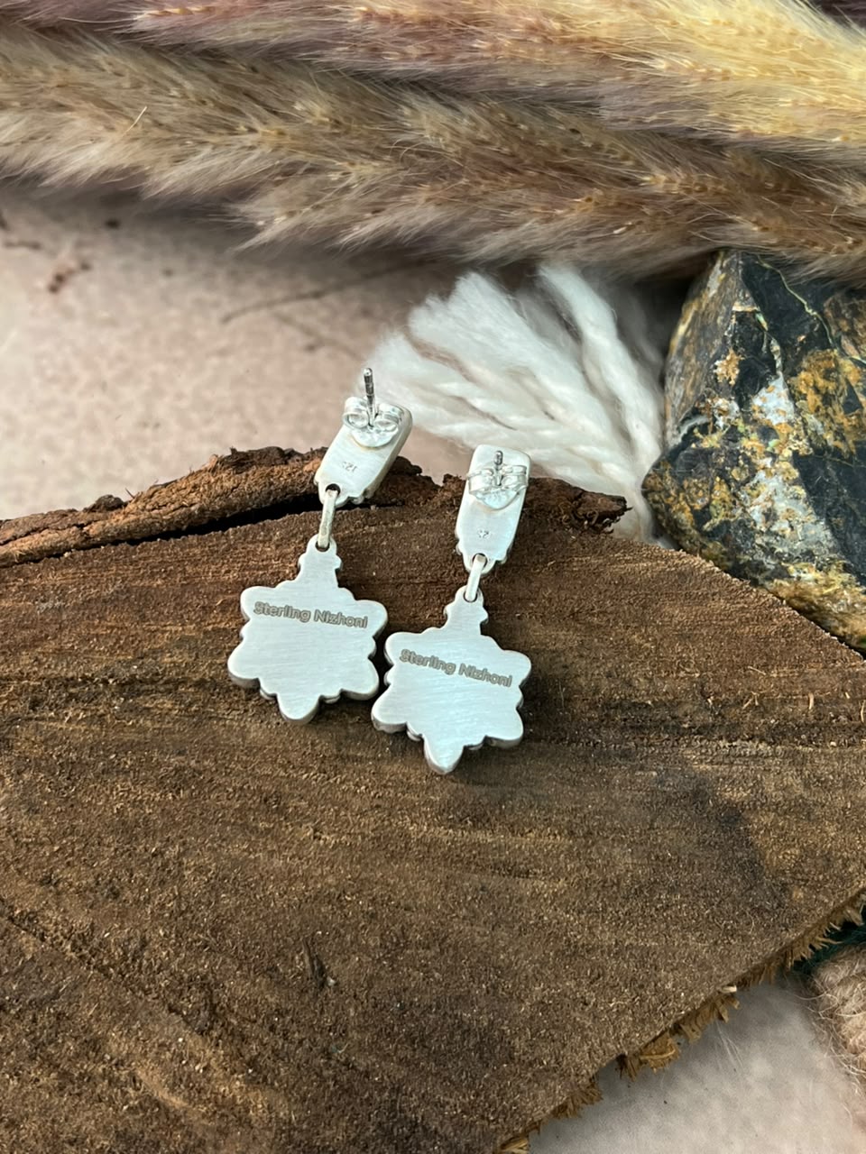 Handmade Sterling Silver Kingman Turquoise Post Dangle Earrings Signed Nizhoni