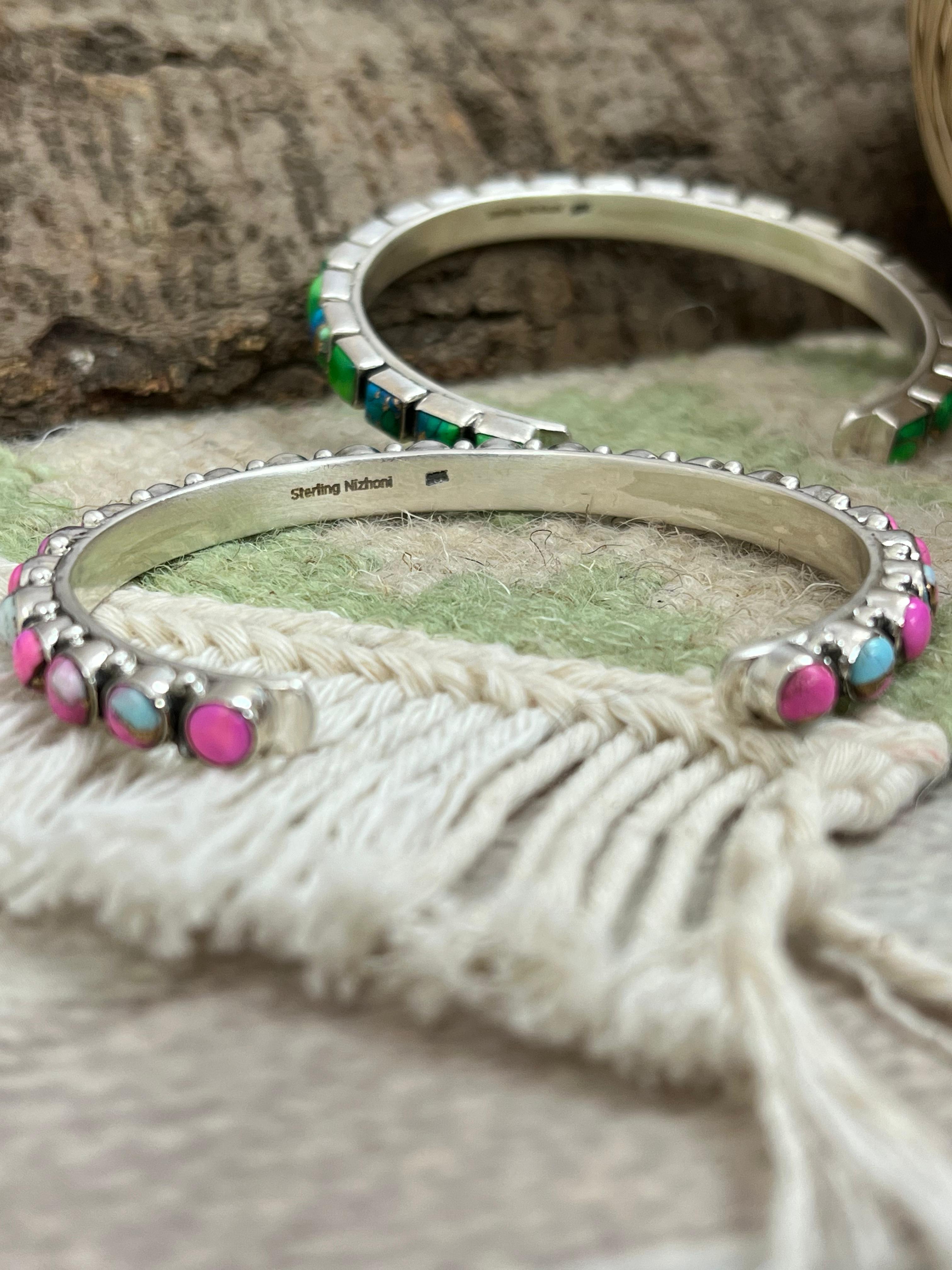 Handmade Sterling Silver Peacock Dahlia, Cotton Candy Cuff Bracelet with Signed Nizhoni