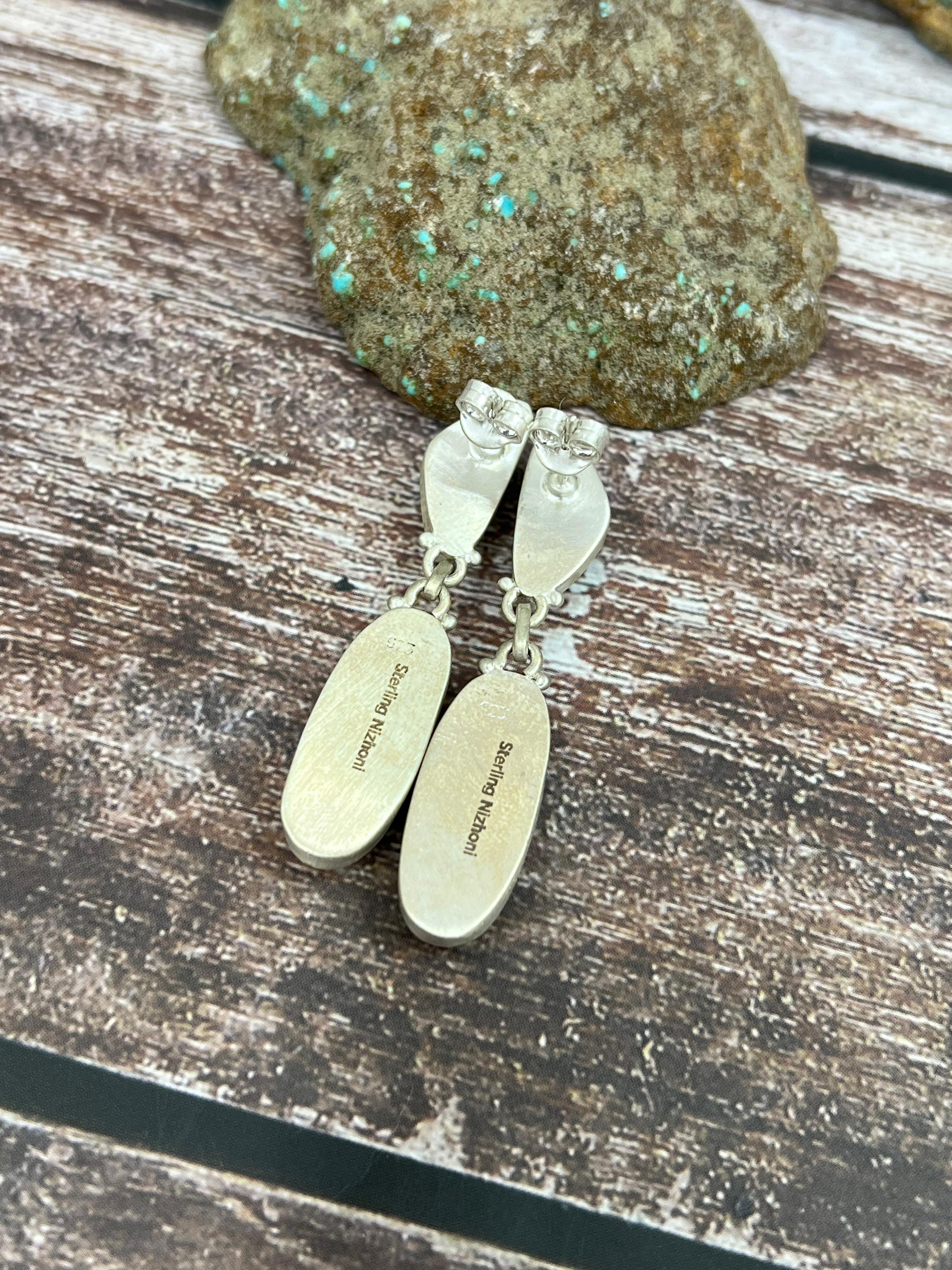 Handmade Sterling Silver Royston Turquoise Dangle Earrings with Signed Nizhoni