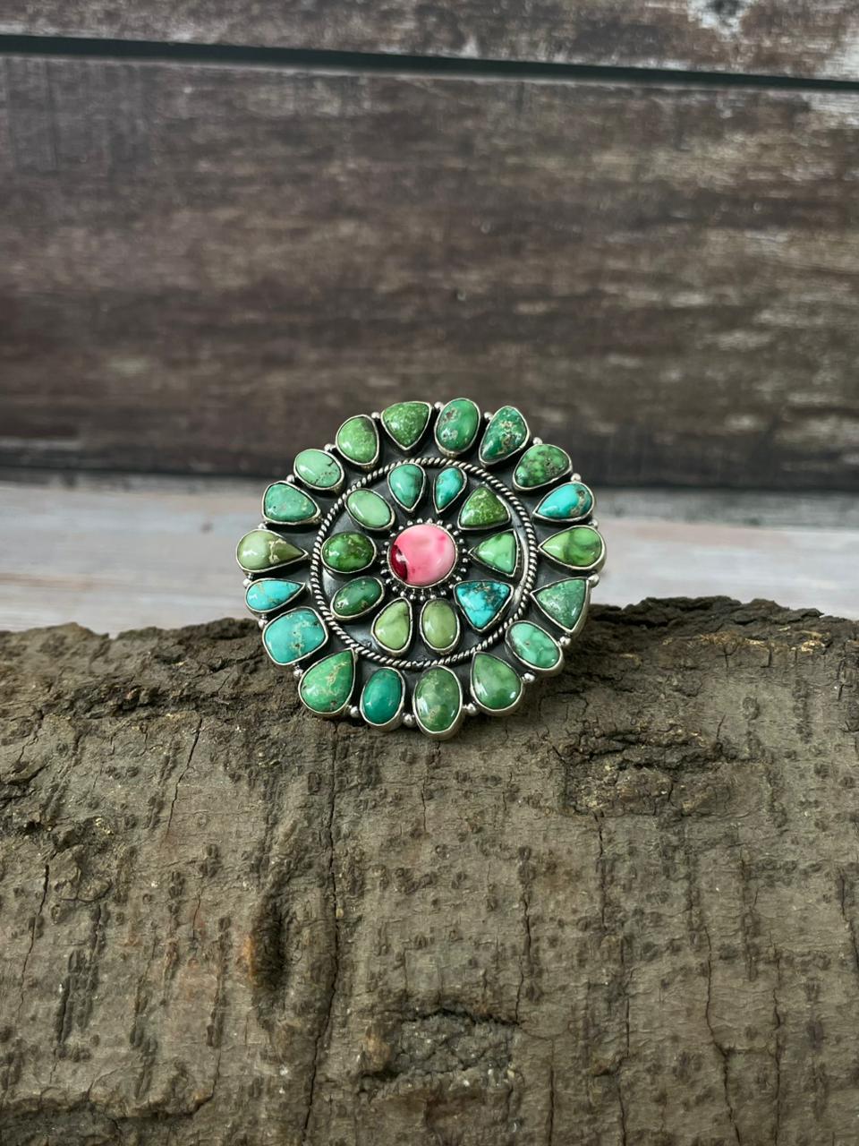 Handmade Sterling Silver Dahlia Rose With Emerald Valley Turquoise Ring "Signed Nizhoni"