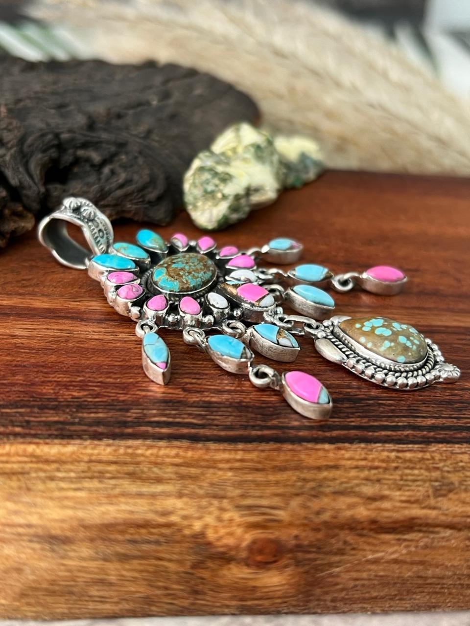 Handmade Sterling Silver Cotton Candy with Number 8 Turquoise Pendant "Signed Nizhoni"