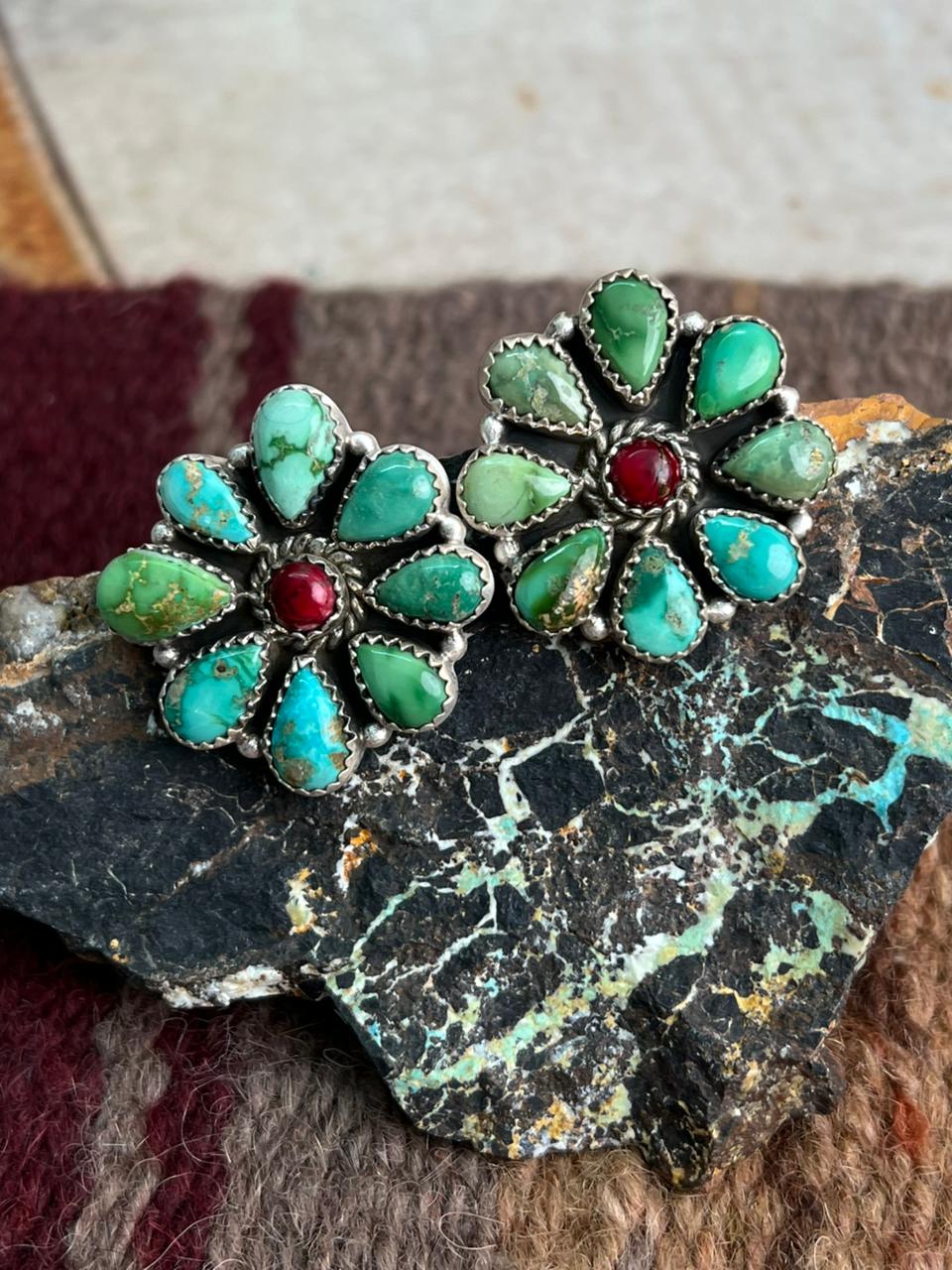 Handmade Sterling Silver Dahlia Rose with Emerald Valley Turquoise Post Earrings "Signed Nizhoni"