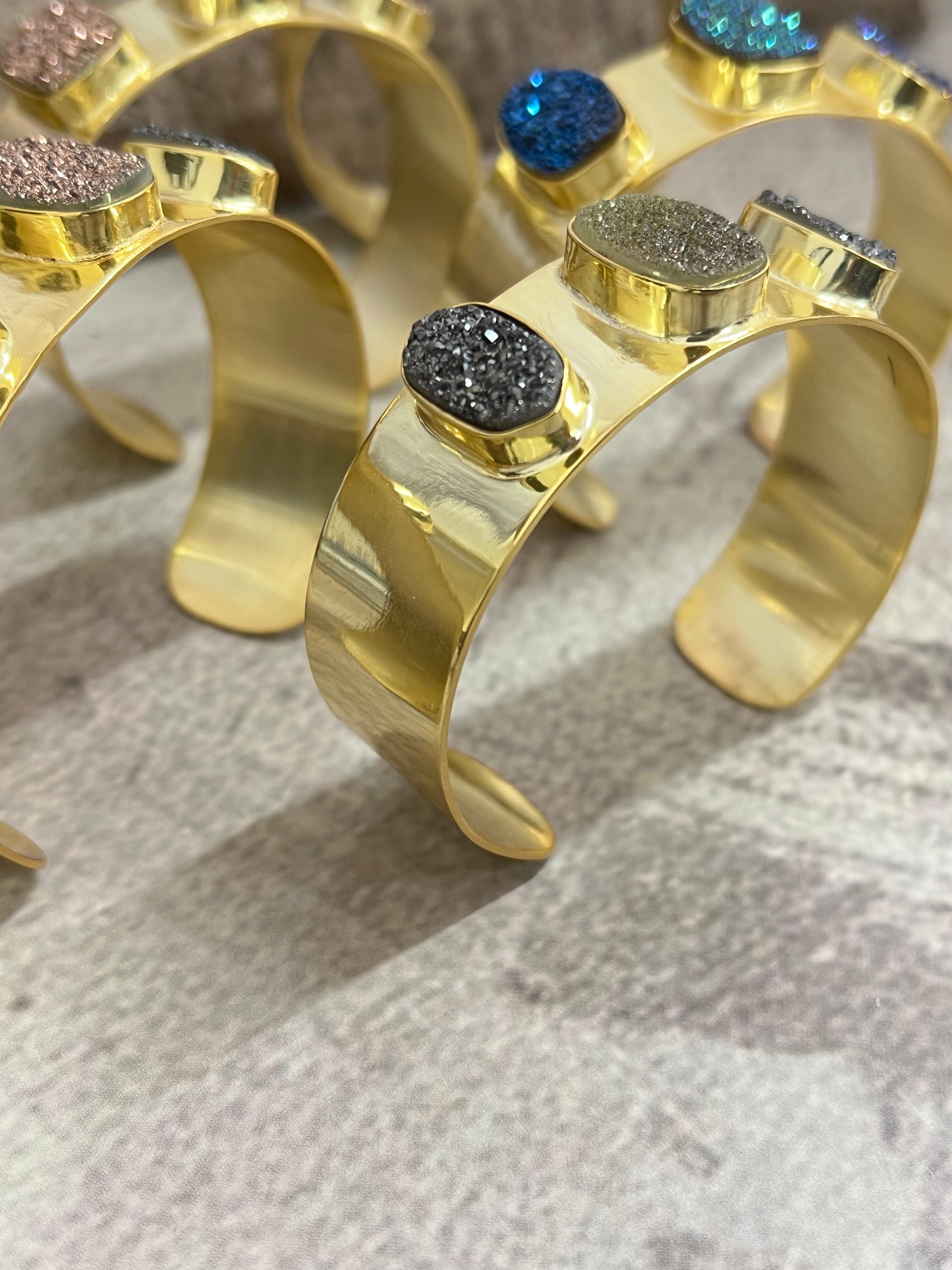 “The Boho Collection” Handmade Natural Gold Plated 3 Stone Druzy Wide Cuff Bracelet