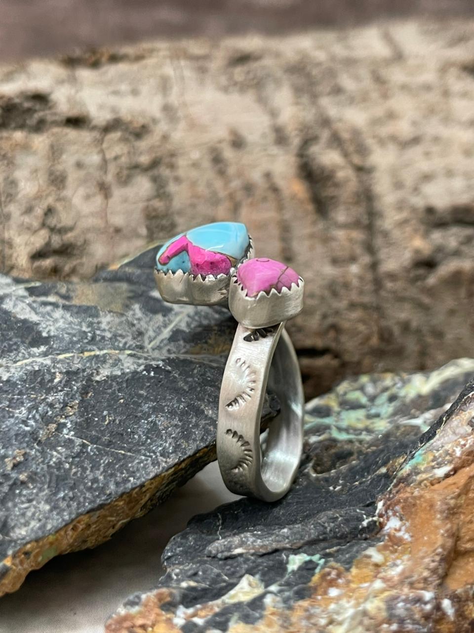 "Heart Collection" Handmade Sterling Silver Cotton Candy Adjustable Ring "Signed Nizhoni"