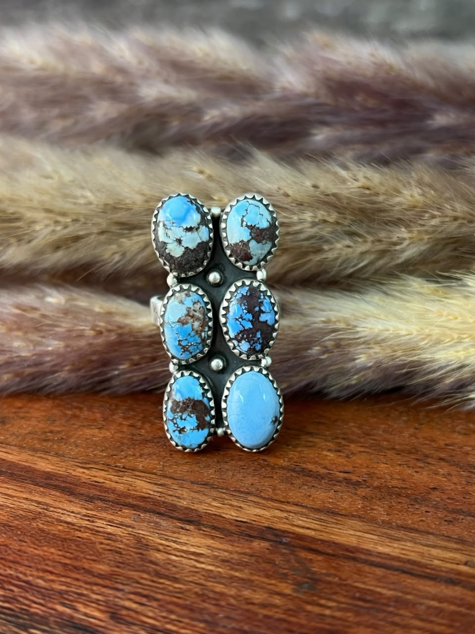 Handmade Sterling Silver Golden hills Turquoise Bar Adjustable Ring Signed Nizhoni