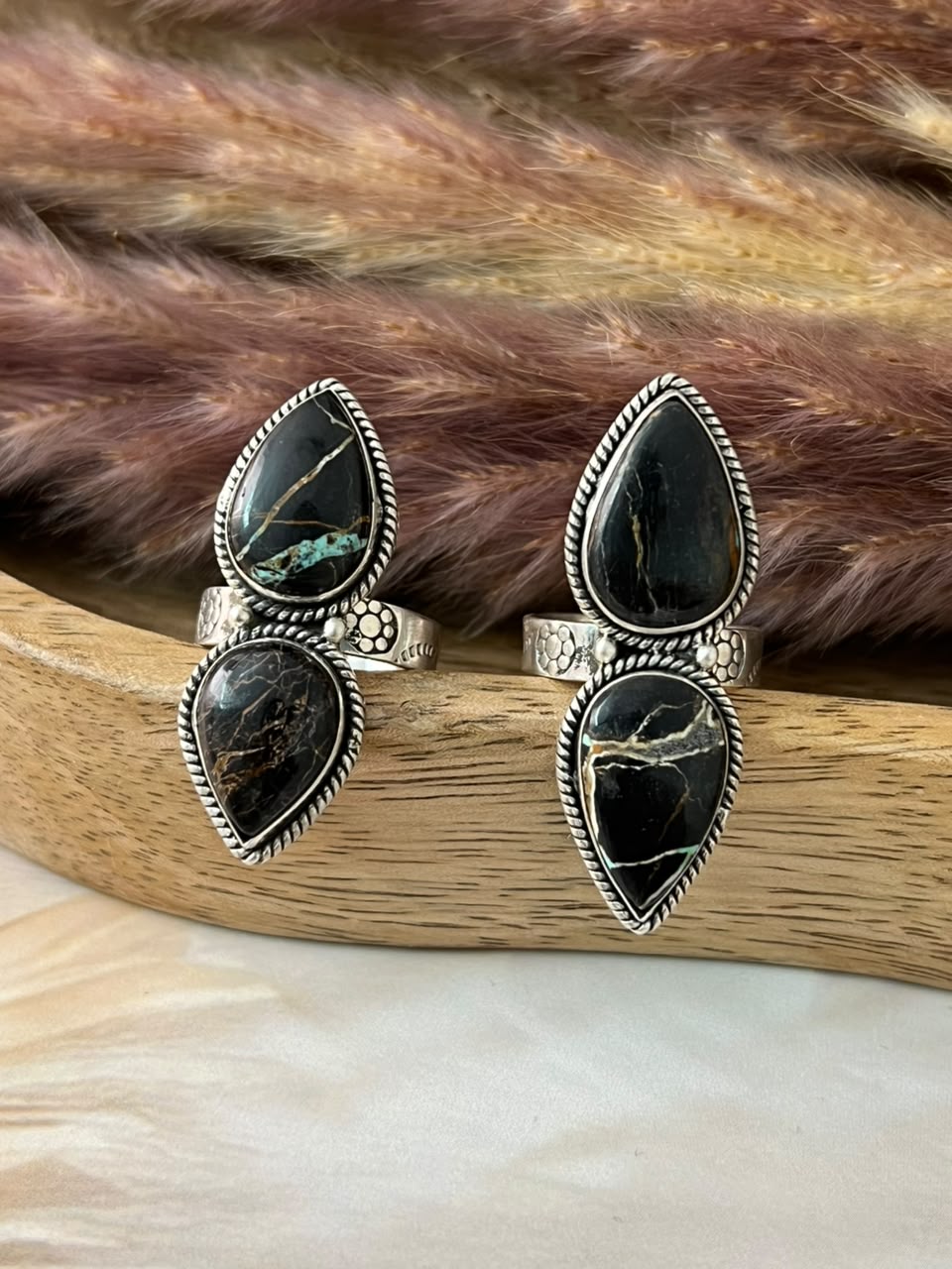 Handmade Sterling Silver Blackjack Turquoise Collection: Adjustable Ring Signed Nizhoni