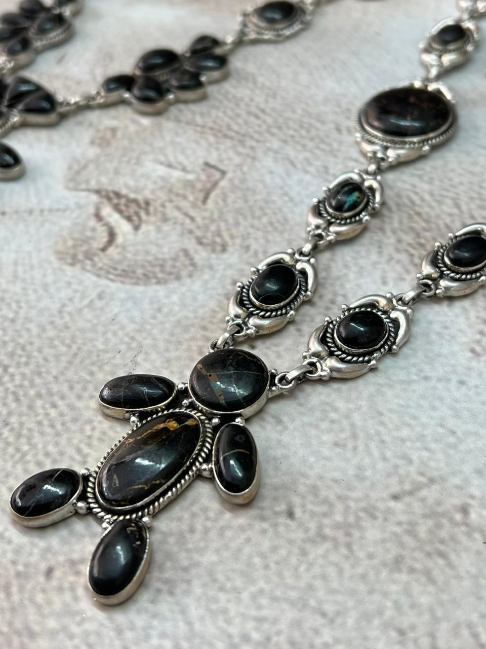 Handmade Sterling Silver Blackjack Turquoise Necklace "Signed Nizhoni"