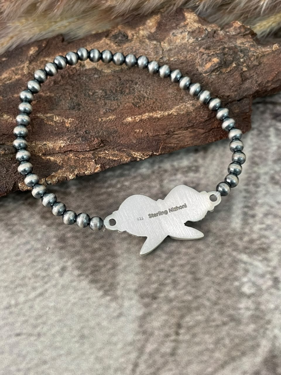 Handmade Sterling Silver Rosarita with Kingman Turquoise Cherry Stretchy Beaded Bracelet Signed Nizhoni