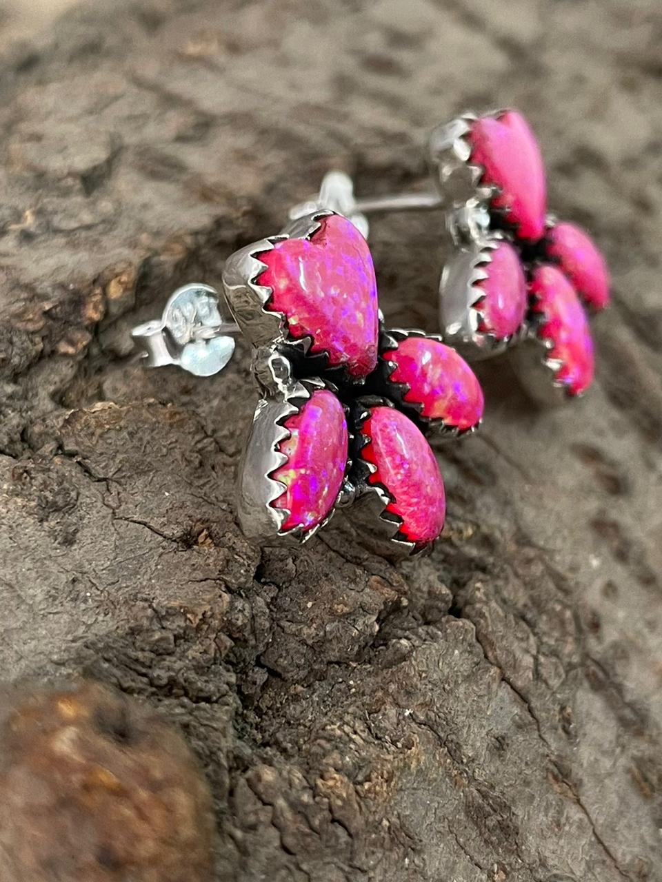 "Heart Collection" Handmade Sterling Silver Hot Pink Post Studs Earrings "Signed Nizhoni"