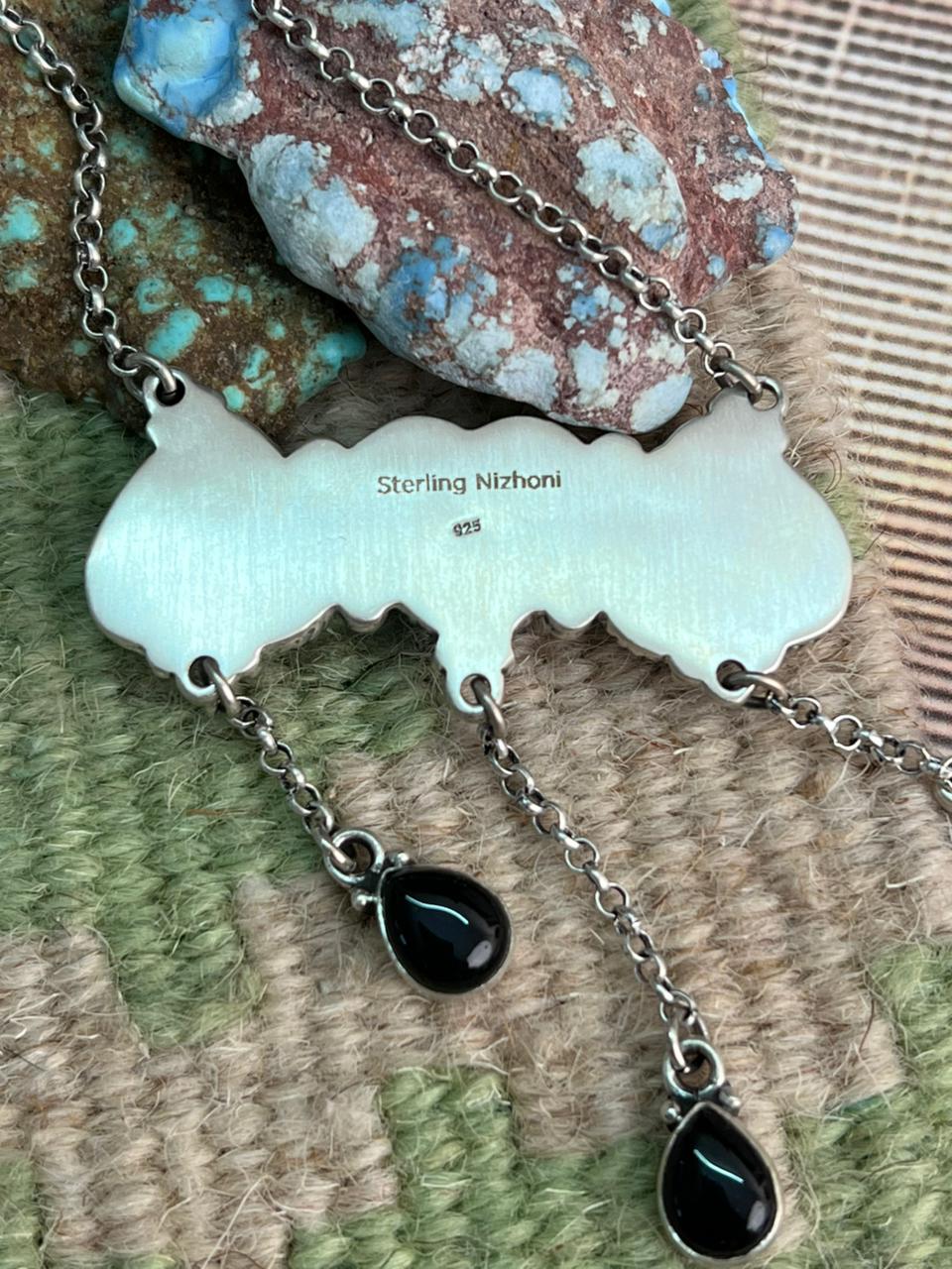 Handmade Sterling Silver Black Onyx Heart Shape Drop Necklace "Signed Nizhoni"