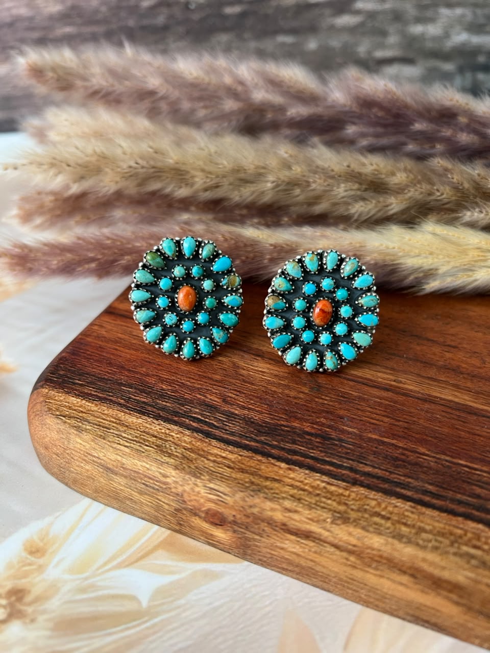 Handmade Sterling Silver Kingman Turquoise with Orange Mojave Adjustable Ring Signed Nizhoni
