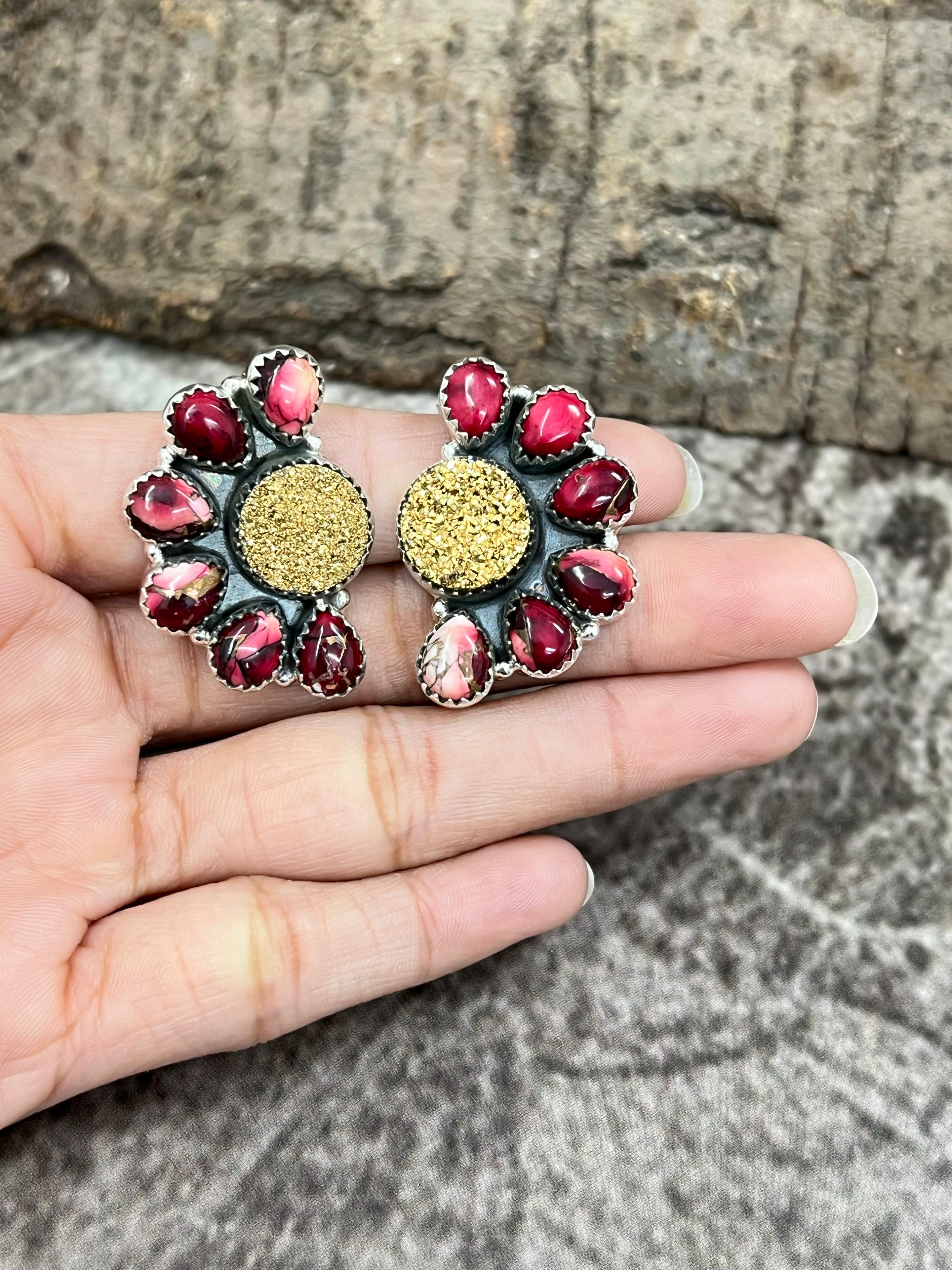 Handmade Sterling Silver Dahlia Rose with Druzy Post Earrings with Signed Nizhoni