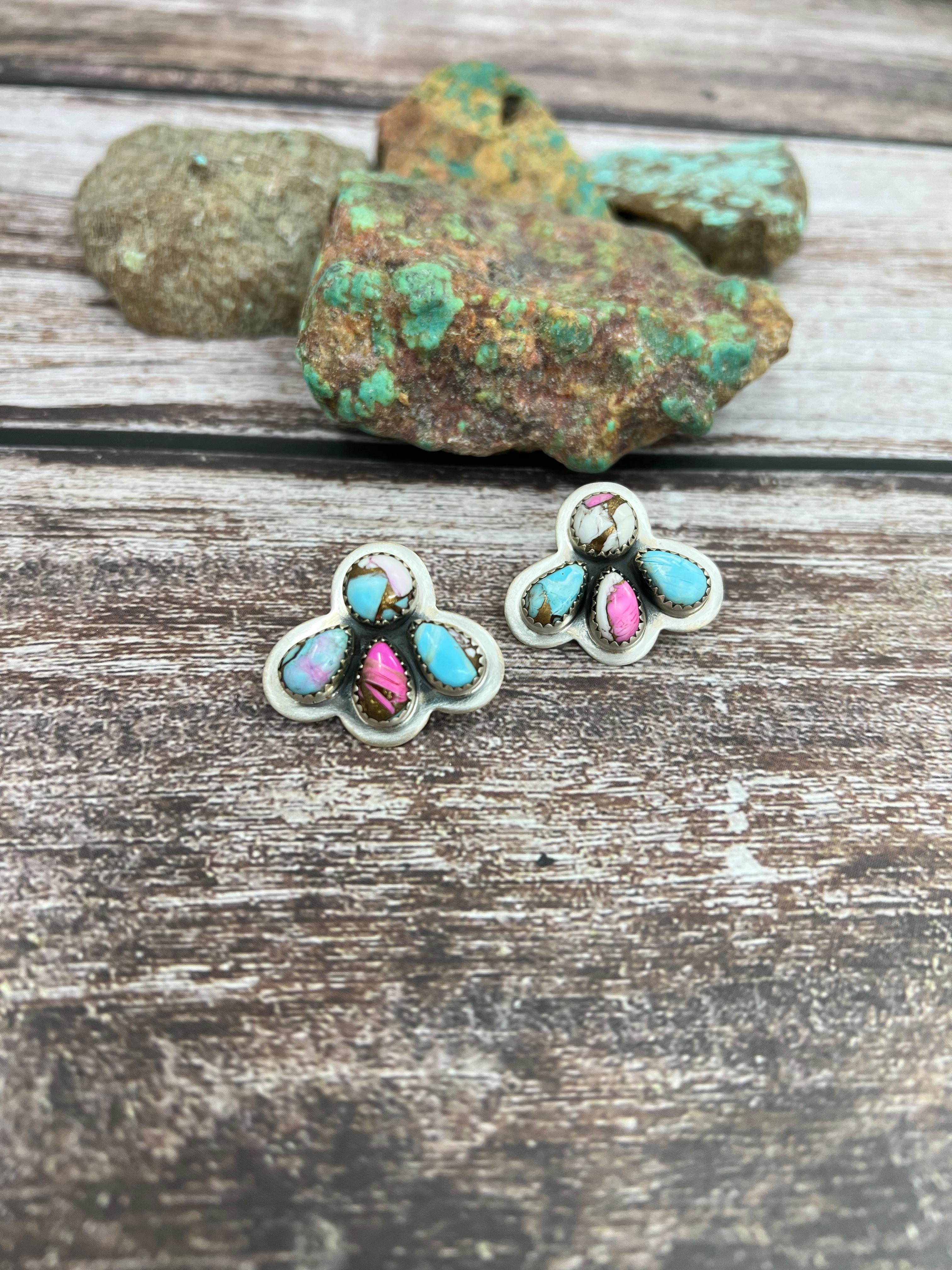 Handmade Sterling Silver Cotton Candy Turquoise Post Earrings with Signed Nizhoni