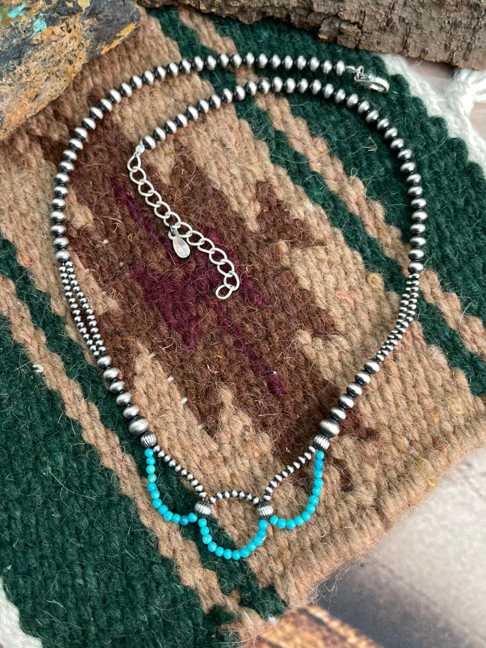 Handmade Sterling Silver Kingman Turquoise Beaded Necklace "Signed Nizhoni"