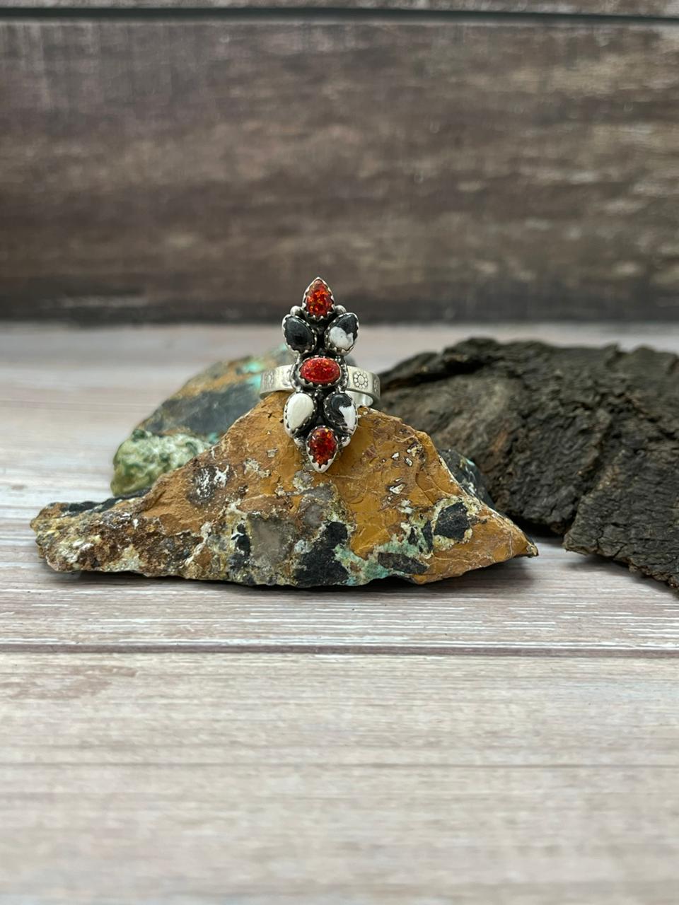 "Christmas Collection" Handmade Sterling Silver White Buffalo with Red Opal Adjustable Ring "Signed Nizhoni"