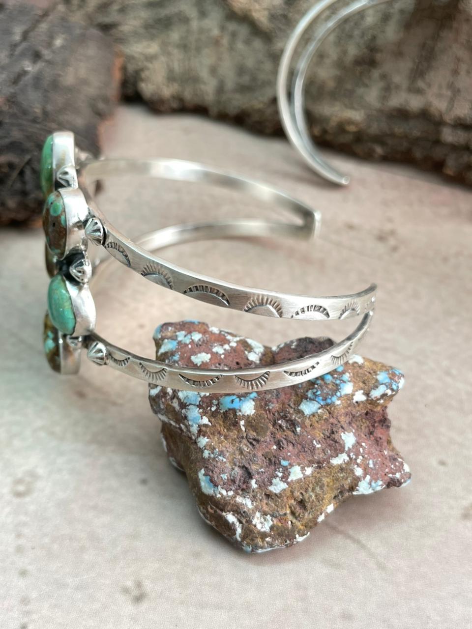 Handmade Sterling Silver Mantis Turquoise Cuff Bracelet with Signed Nizhoni
