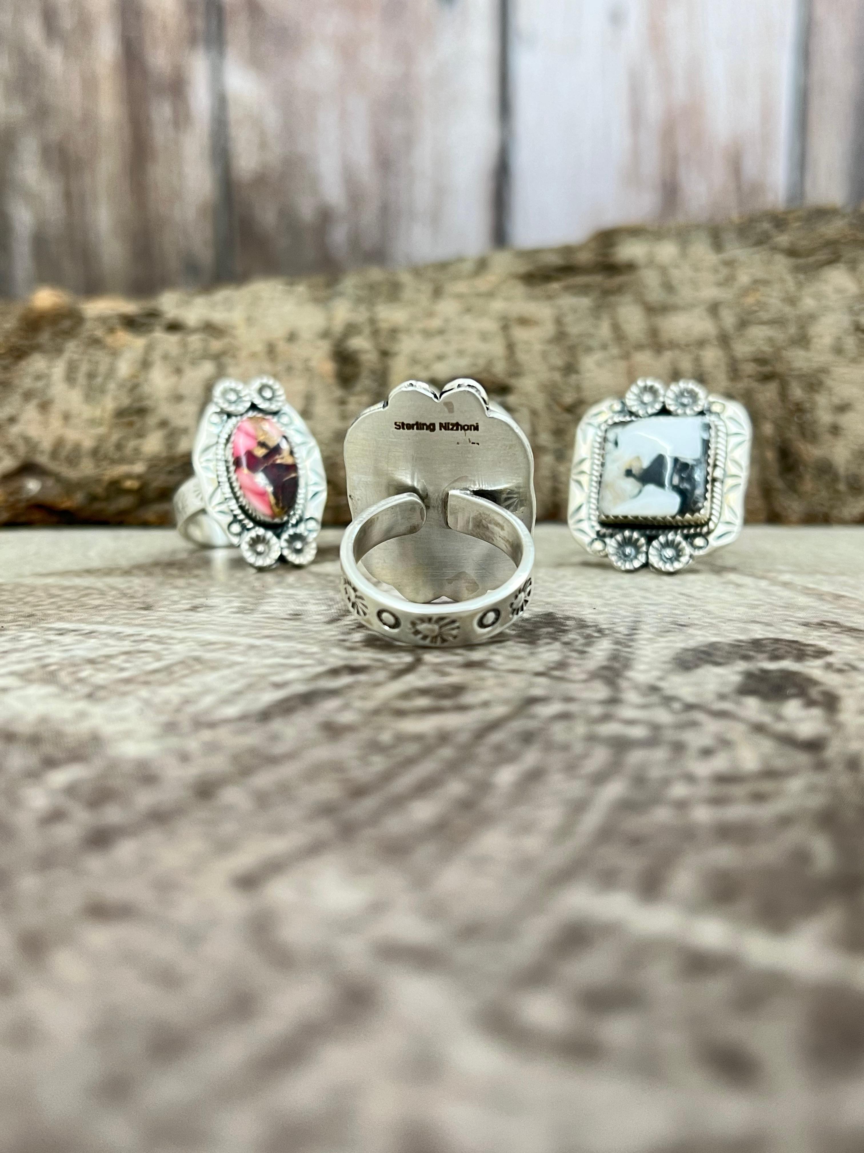 Handmade Sterling Silver Multi Stones Adjustable Ring with Signed Nizhoni