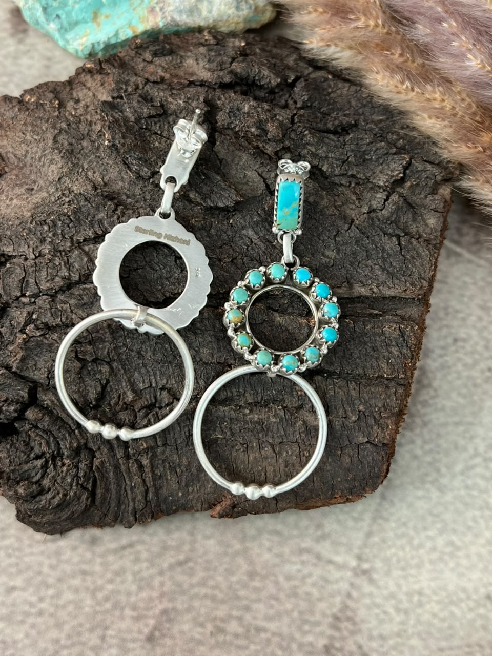 Handmade Sterling Silver Kingman Turquoise Post Dangle Earrings Signed Nizhoni