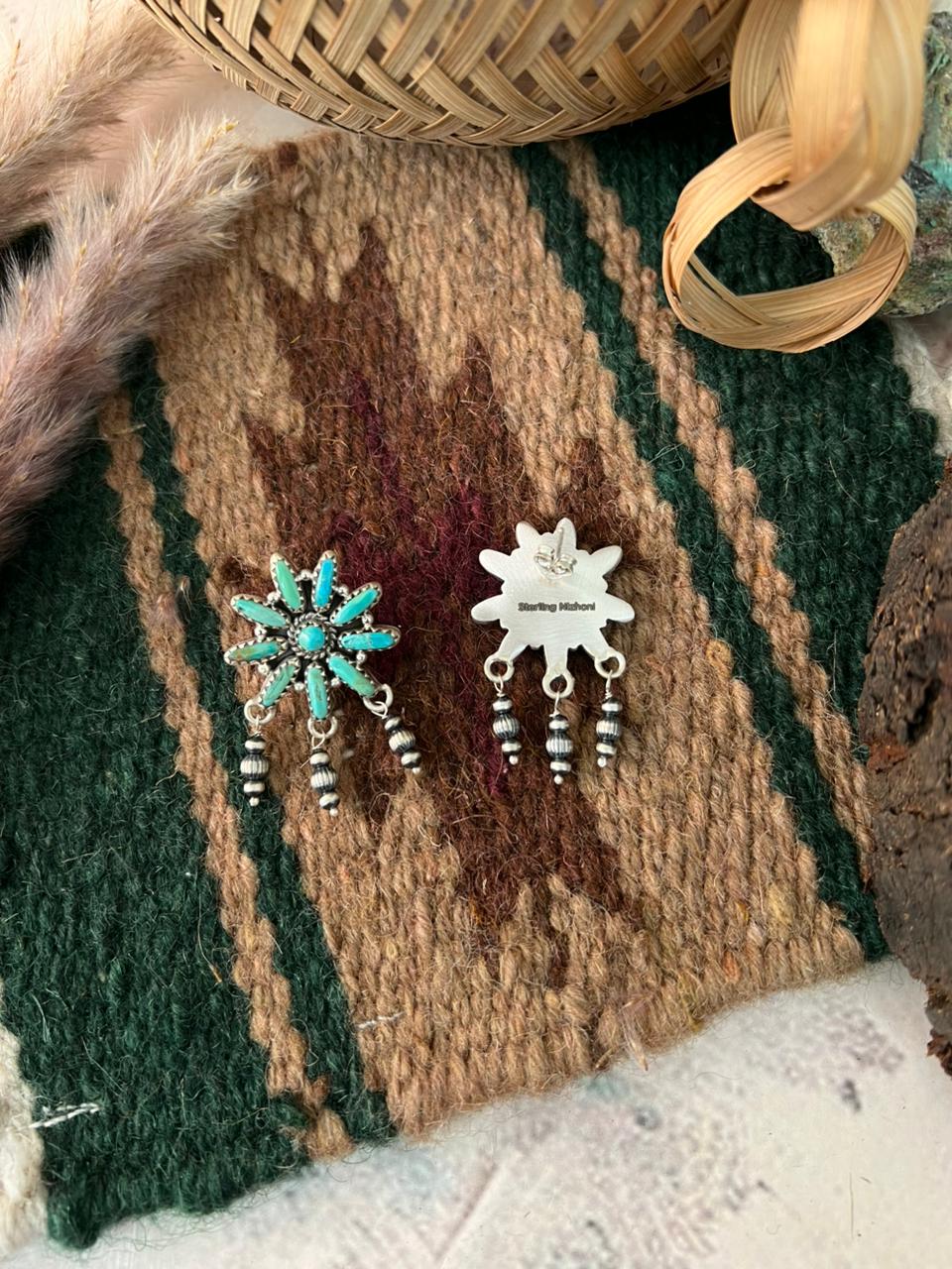 Handmade Sterling Silver Kingman Turquoise Beaded Post Dangle Earrings Signed Nizhoni