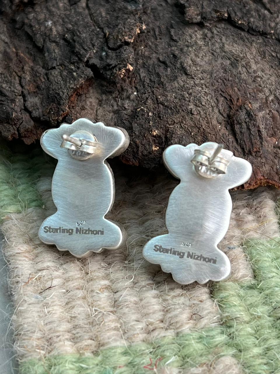 Handmade Sterling Silver White Buffalo with Kingman Turquoise Post Studs Earrings "Signed Nizhoni"