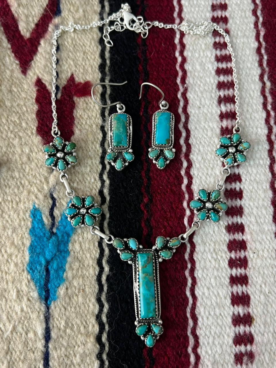 Handmade Sterling Silver Kingman Turquoise Necklace Earrings Set "Signed Nizhoni"