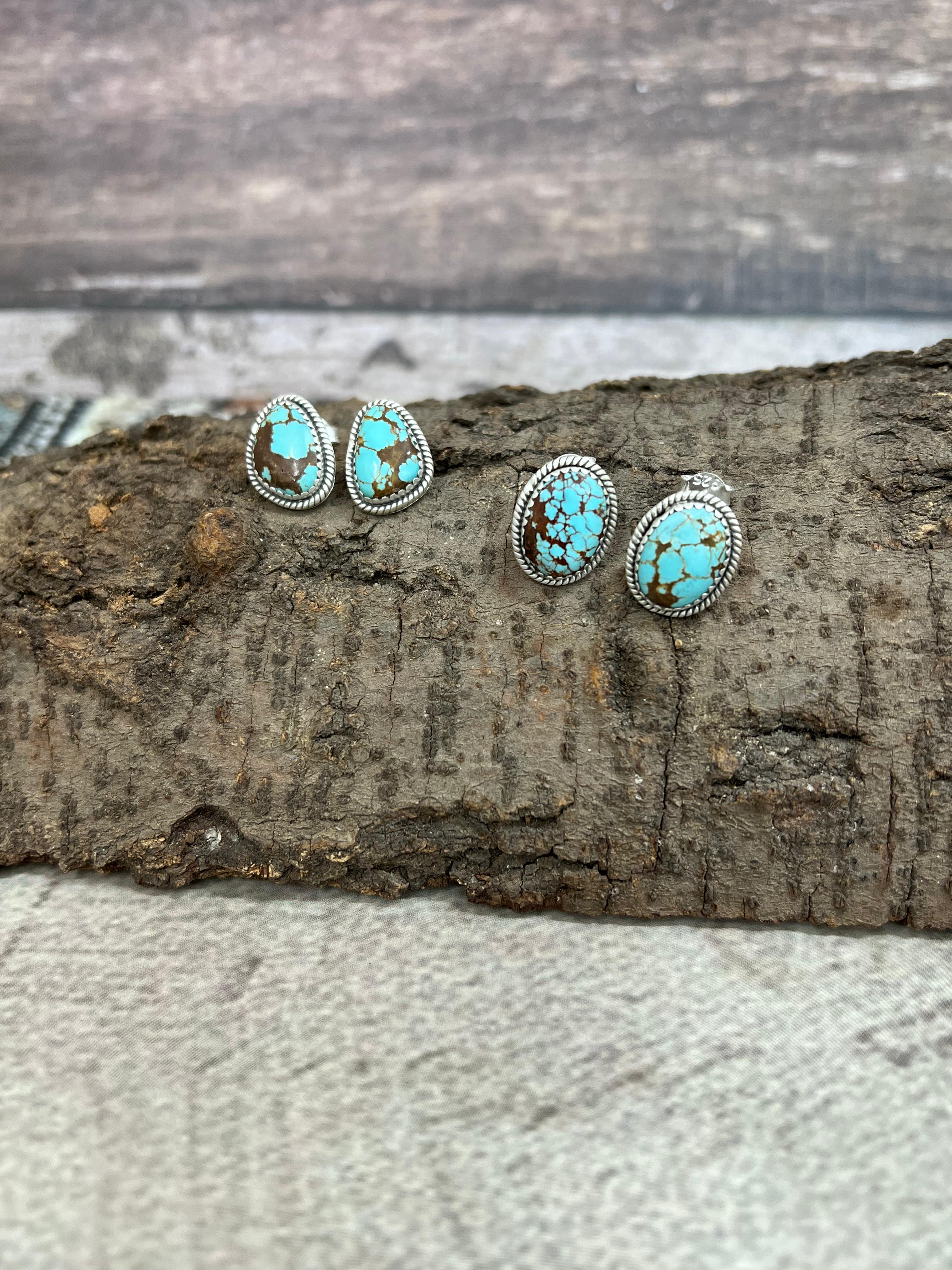 Handmade Sterling Silver Number 8 Turquoise Studs with Signed Nizhoni
