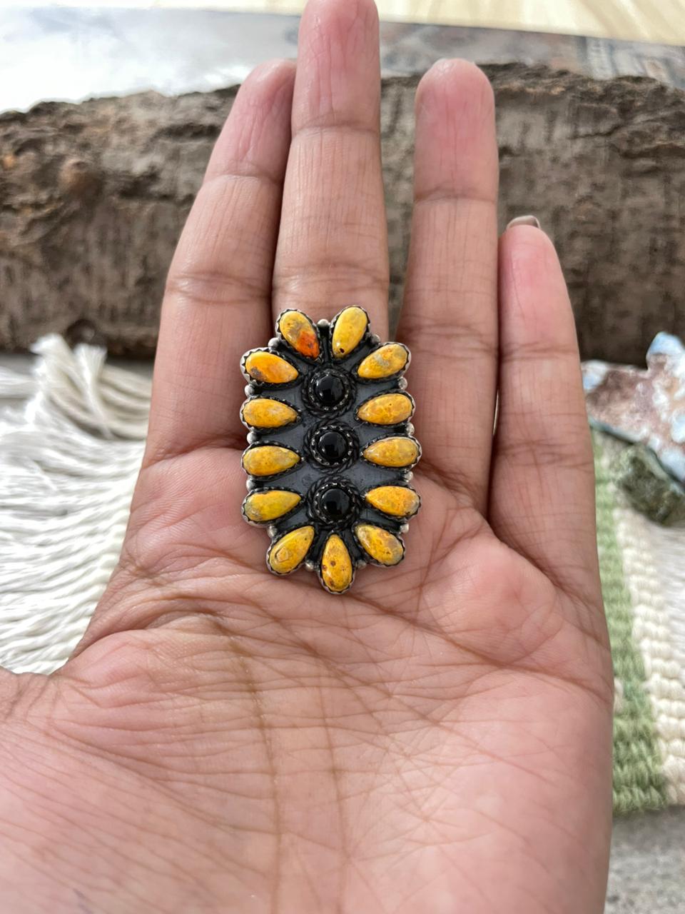 "Halloween Collection" Handmade Sterling Silver Black Onyx, Bumblebee Adjustable Ring with Signed Nizhoni