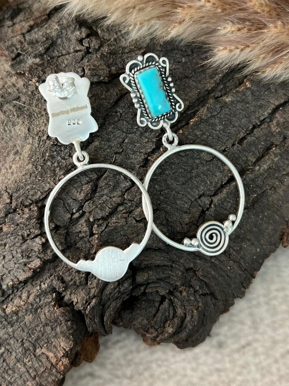 Handmade Sterling Silver Kingman Turquoise Post Dangle Earrings Signed Nizhoni