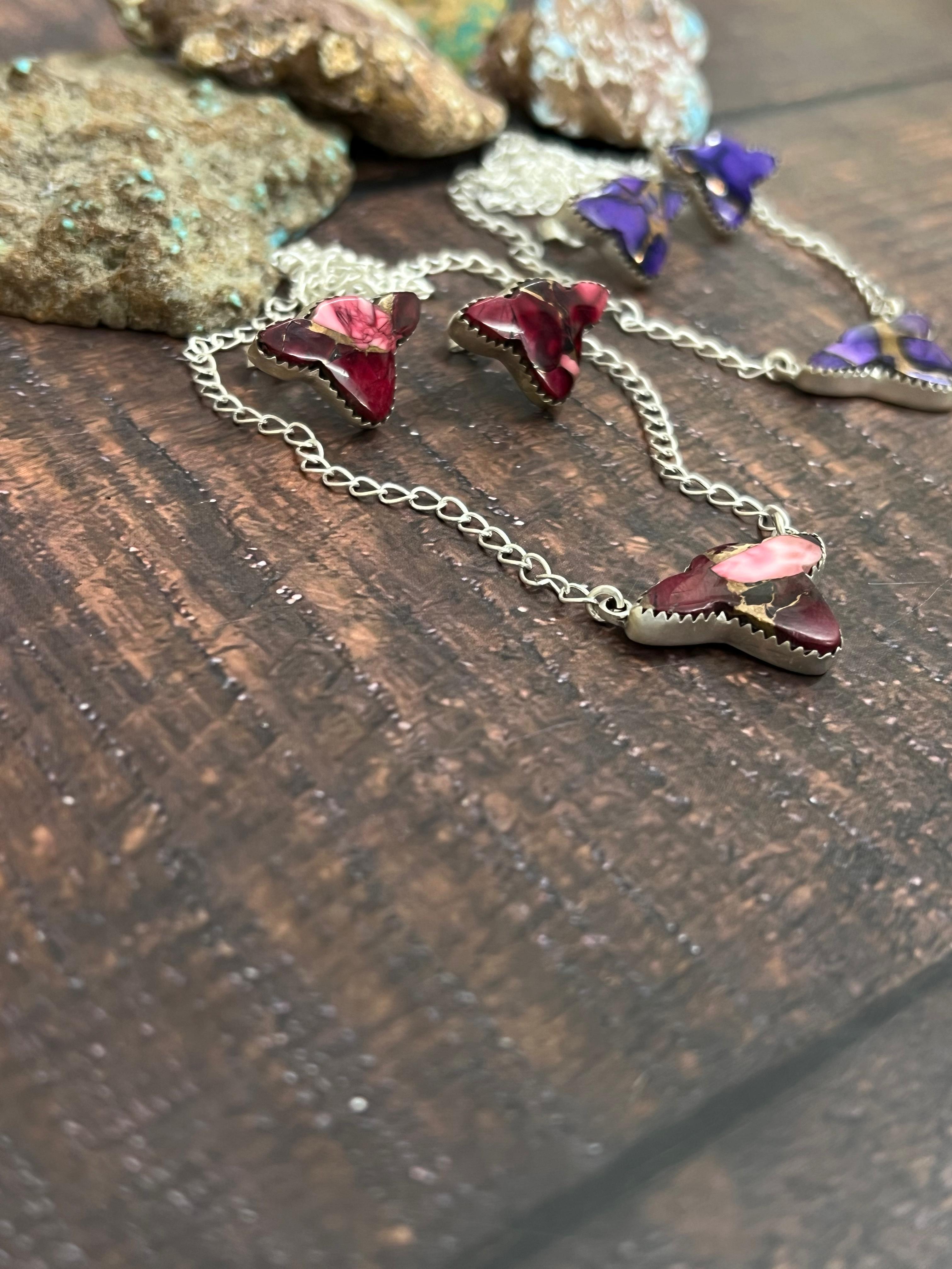 Handmade Sterling Silver Grape Dahlia, Dahlia Rose Bull Necklace Earrings Set with Signed Nizhoni