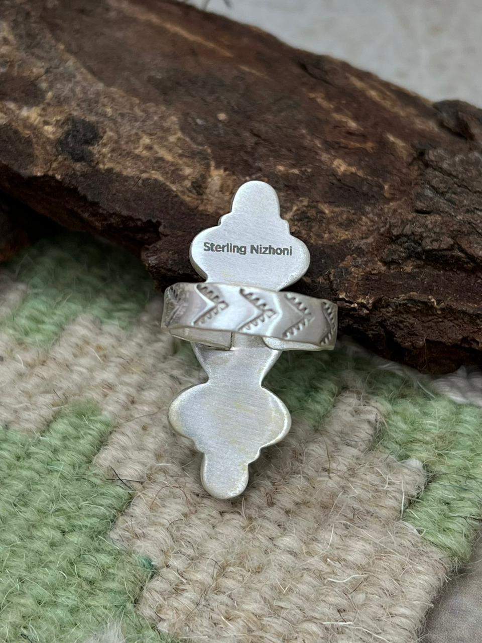 Handmade Sterling Silver White Buffalo Turquoise Adjustable Ring "Signed Nizhoni"