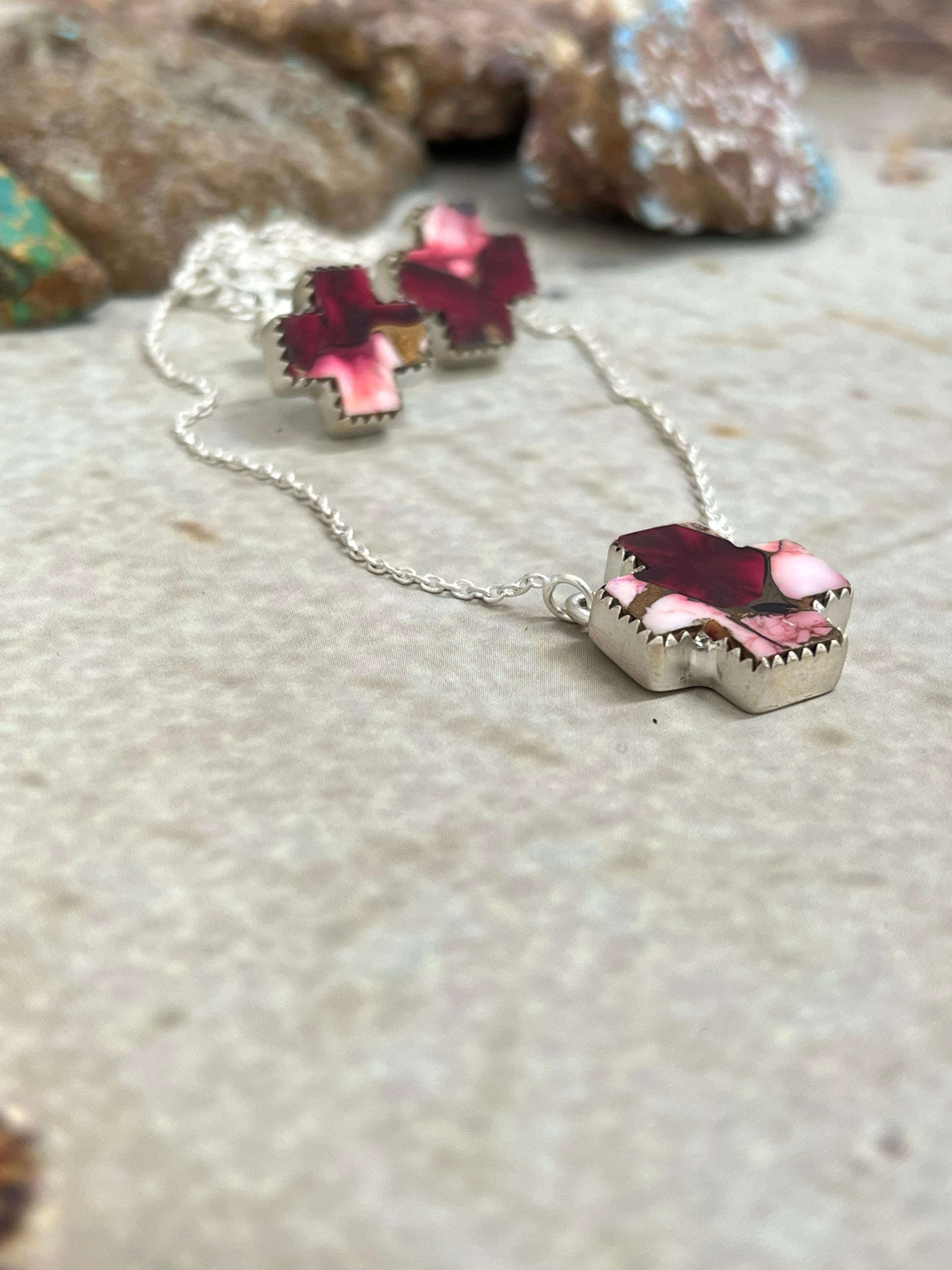 Handmade Sterling Silver Dahlia Rose Cross Necklace Earrings Set with Signed Nizhoni (7)