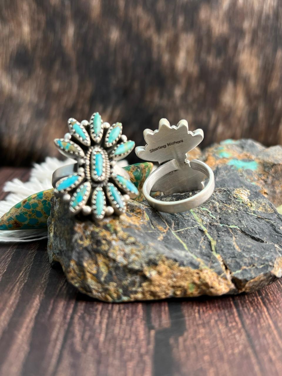Handmade Sterling Silver Kingman Turquoise and Cotton Candy Adjustable Ring "Signed Nizhoni"