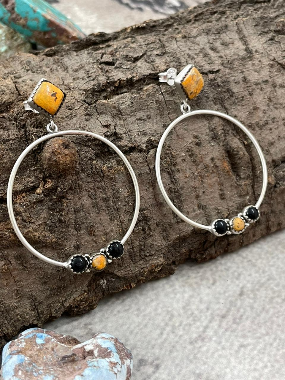 Handmade Sterling Silver Bumblebee with Black Onyx Post Hoop Earrings with Signed Nizhoni