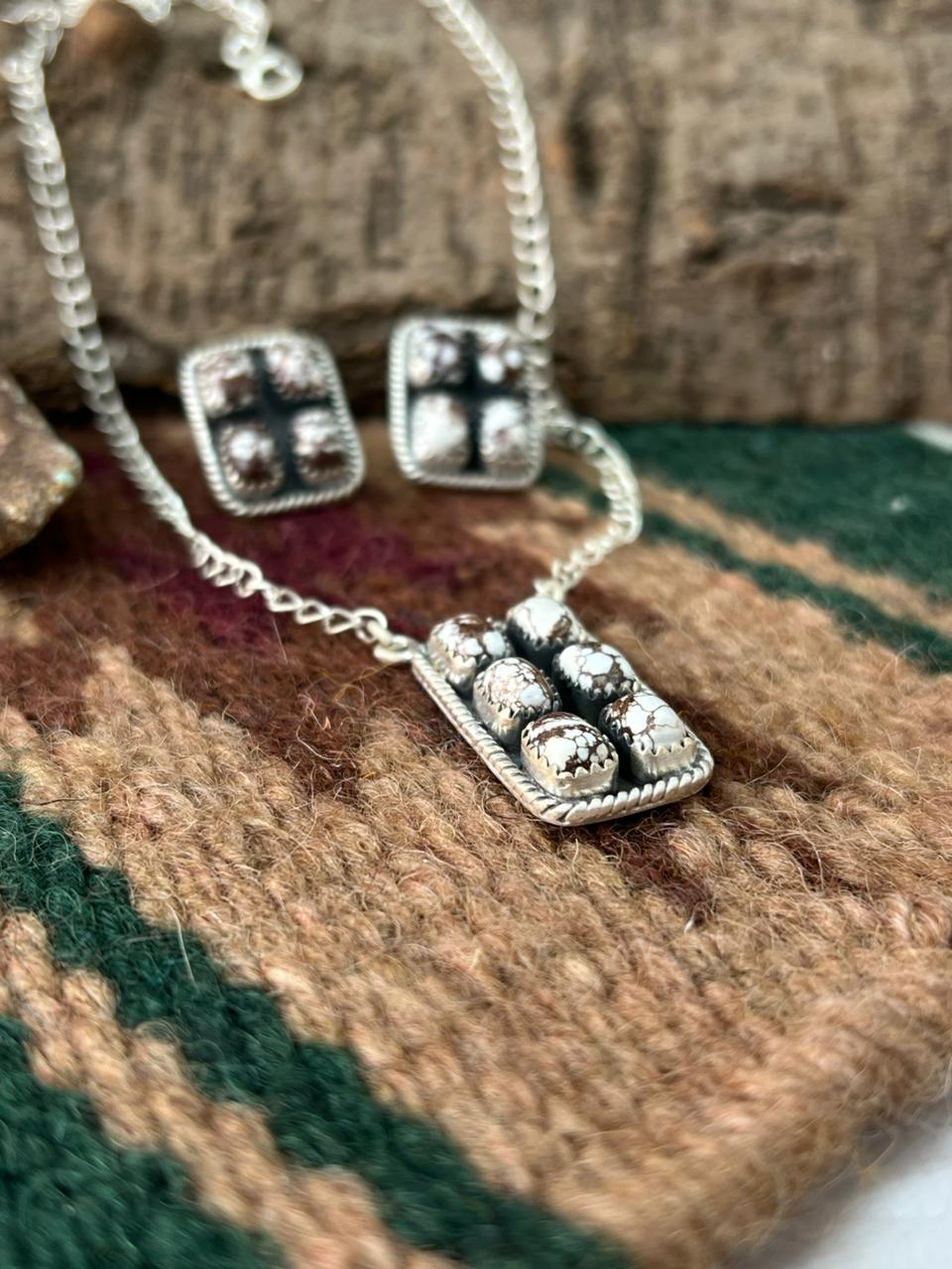 Handmade Sterling Silver Wild Horse Magnesite Necklace Earrings Set with Signed Nizhoni