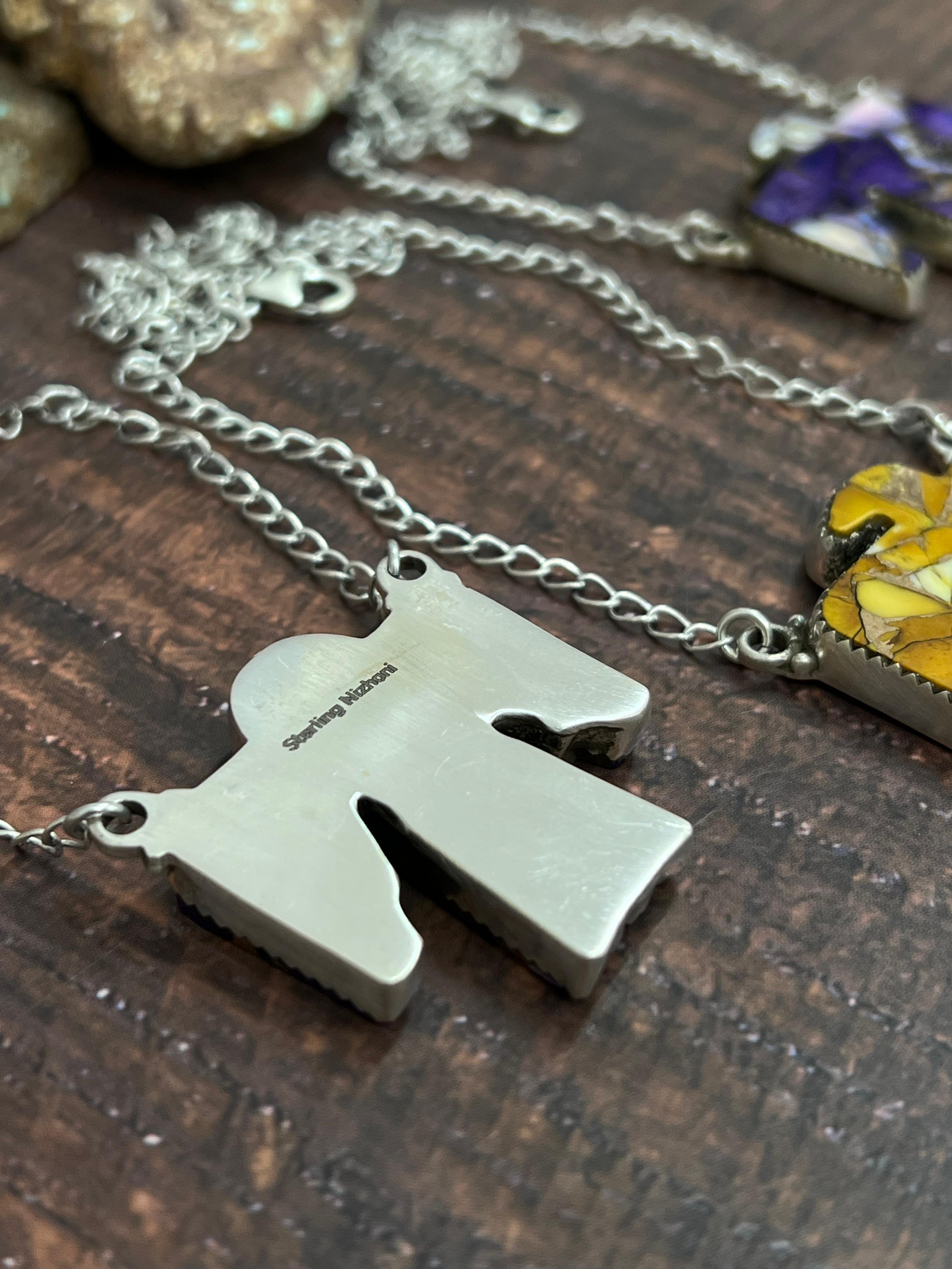 Handmade Sterling Silver Multi Gemstone Thunderbird Necklace with Signed Nizhoni