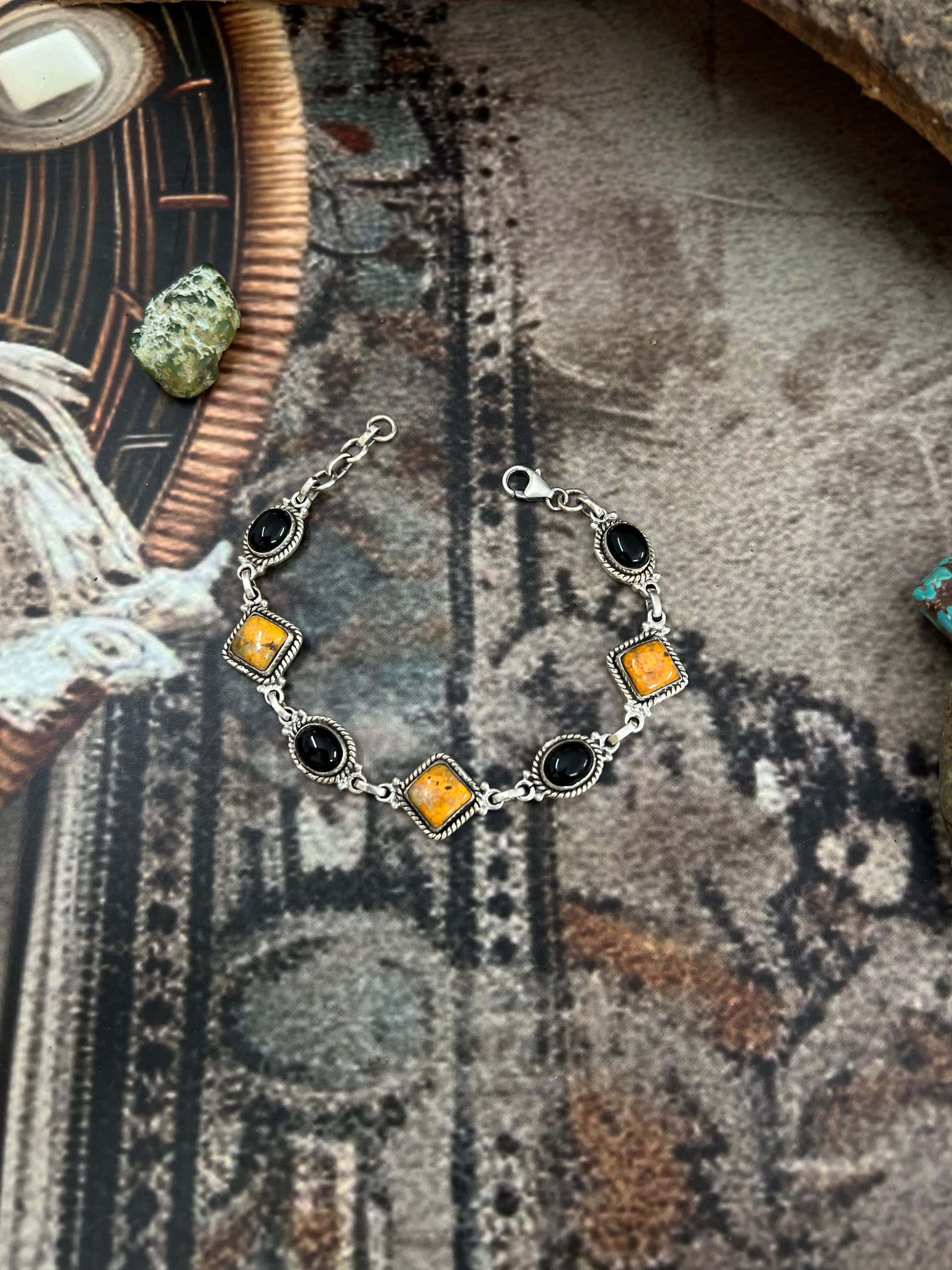 "Halloween Collection" Handmade Sterling Silver Black Onyx, Bumblebee Chain Bracelet with Signed Nizhoni
