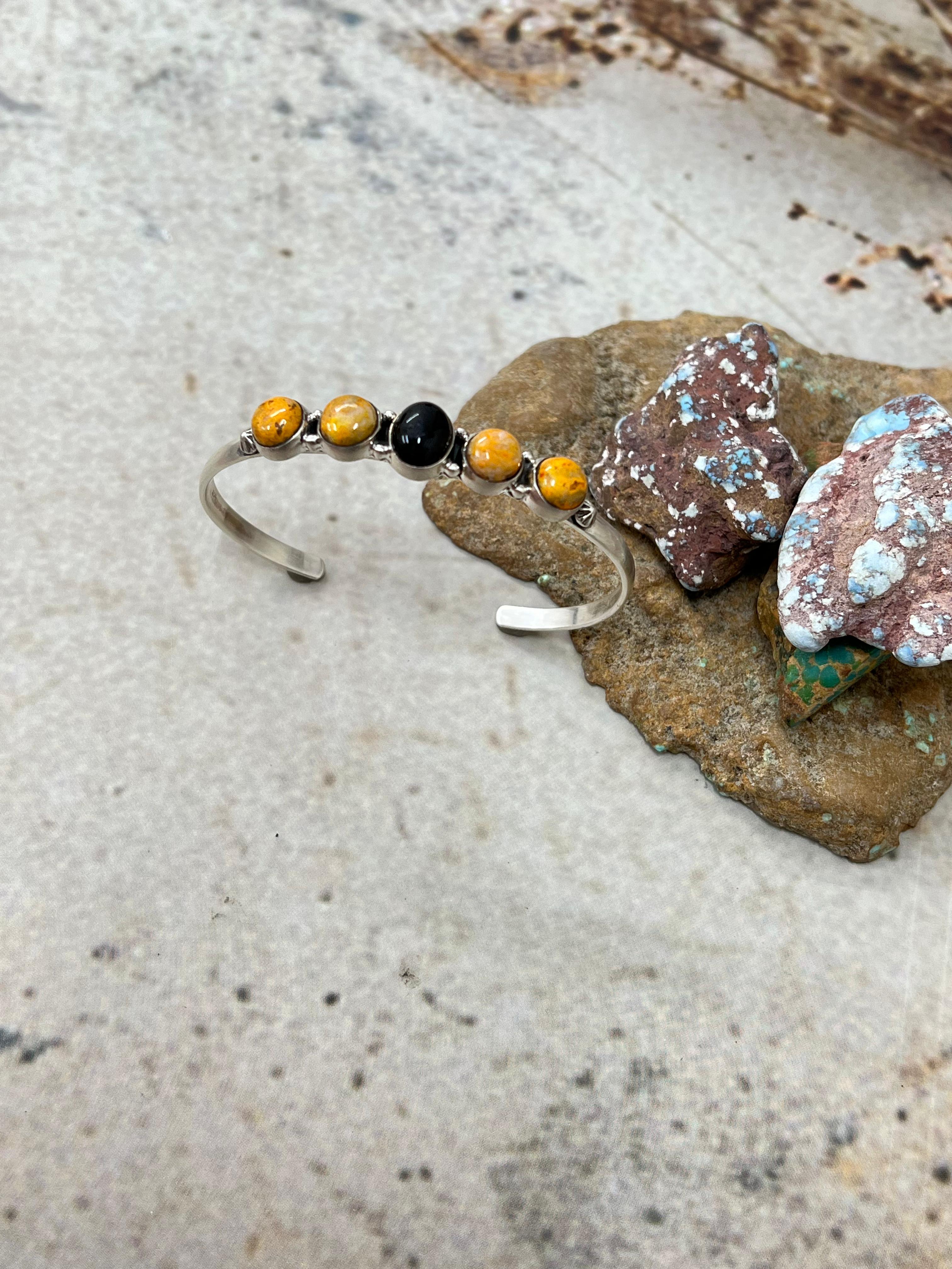 "Halloween Collection" Handmade Sterling Silver Black Onyx, Bumblebee Cuff Bracelet with Signed Nizhoni