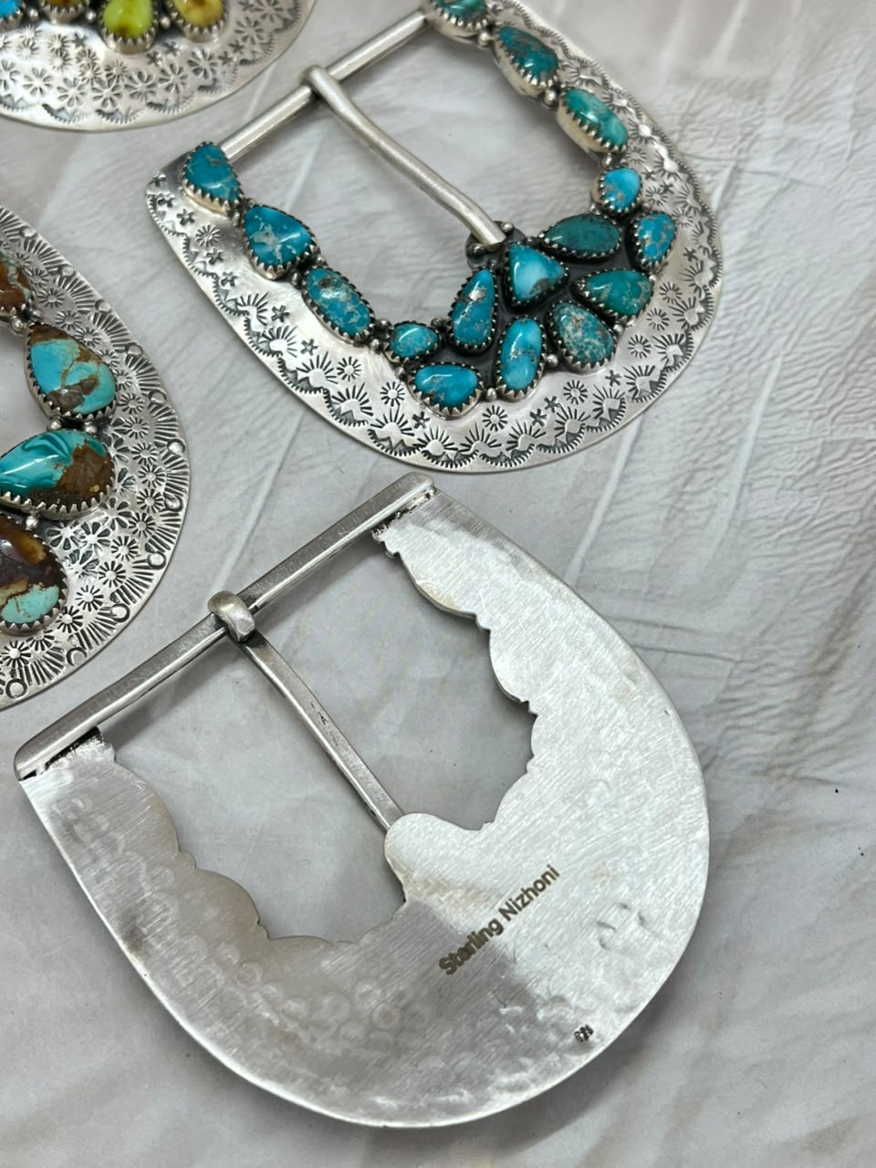 Handmade Sterling Silver Golden Hills with Palomino, Carico Lake, Royston, Sierra Bella and White Water Turquoise Belt Buckle Signed Nizhoni