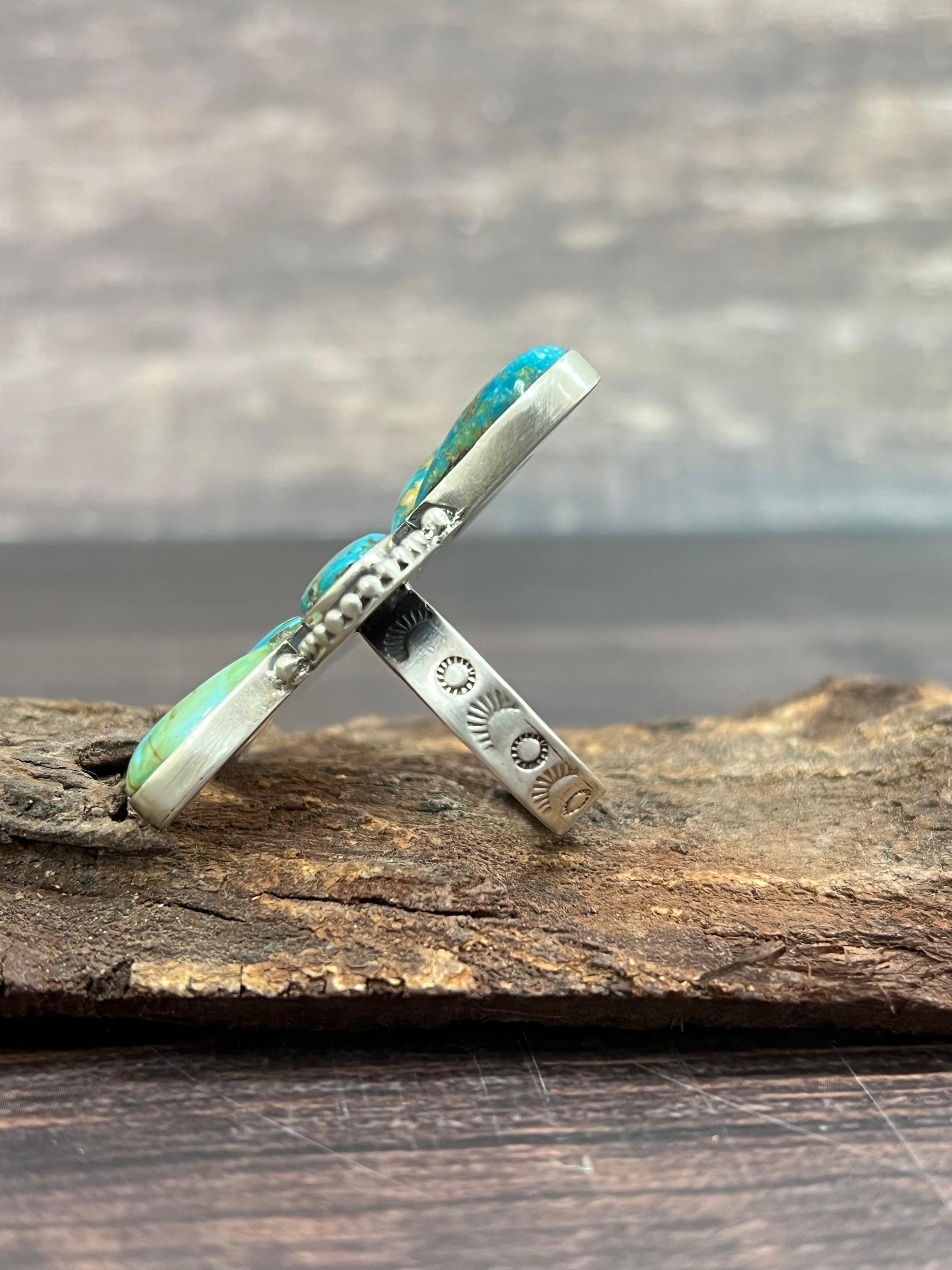 Handmade Sterling Silver South Hill Turquoise Adjustable Ring with Signed Nizhoni