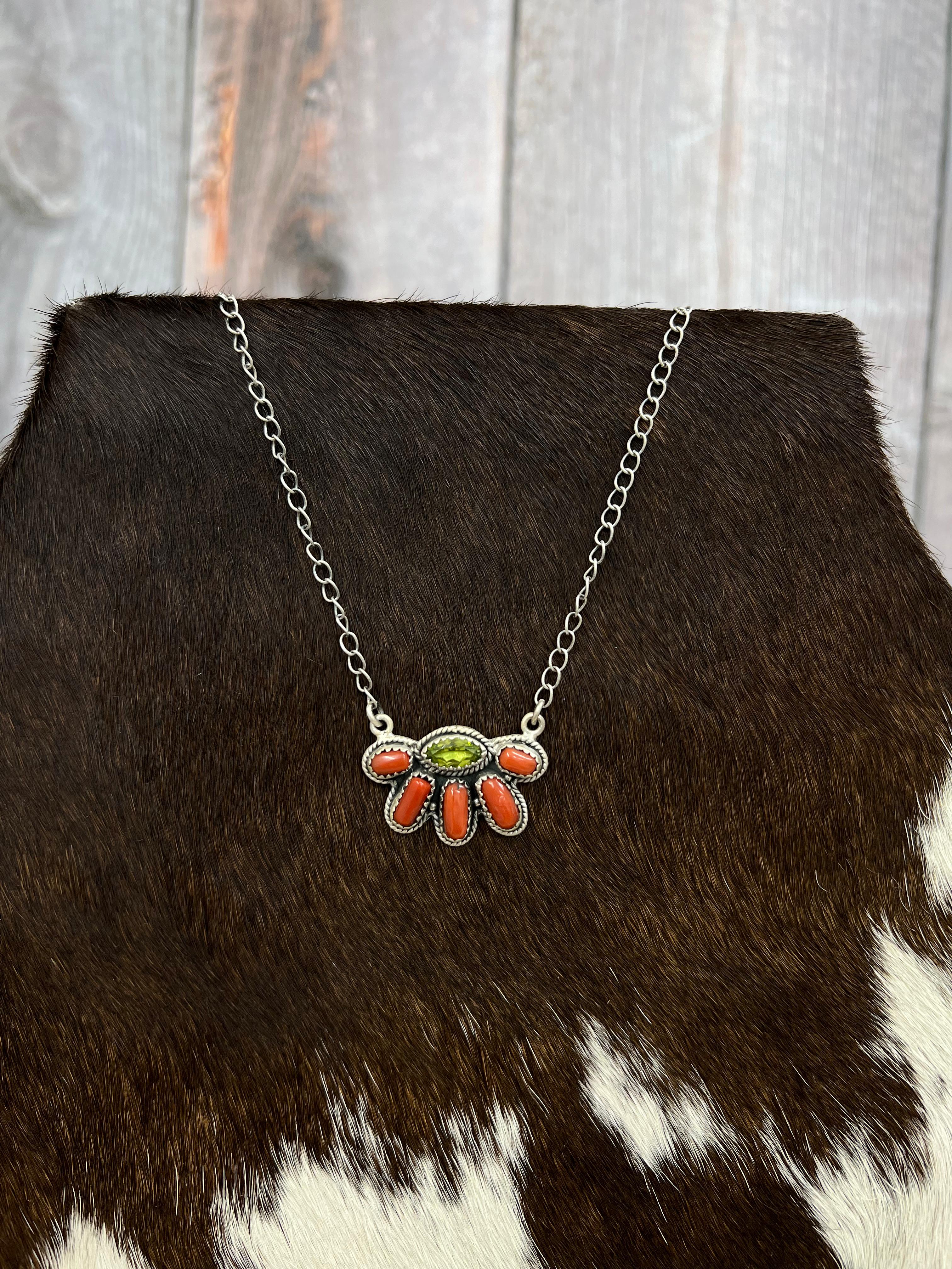 Christmas Collection Handmade Sterling Silver Coral with Peridot Necklace with Signed Nizhoni