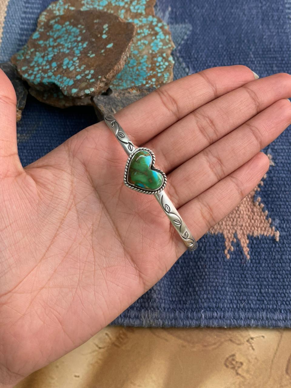 Handmade Sterling Silver Sonoran Mountain Turquoise Heart Cuff Bracelet "Signed Nizhoni"