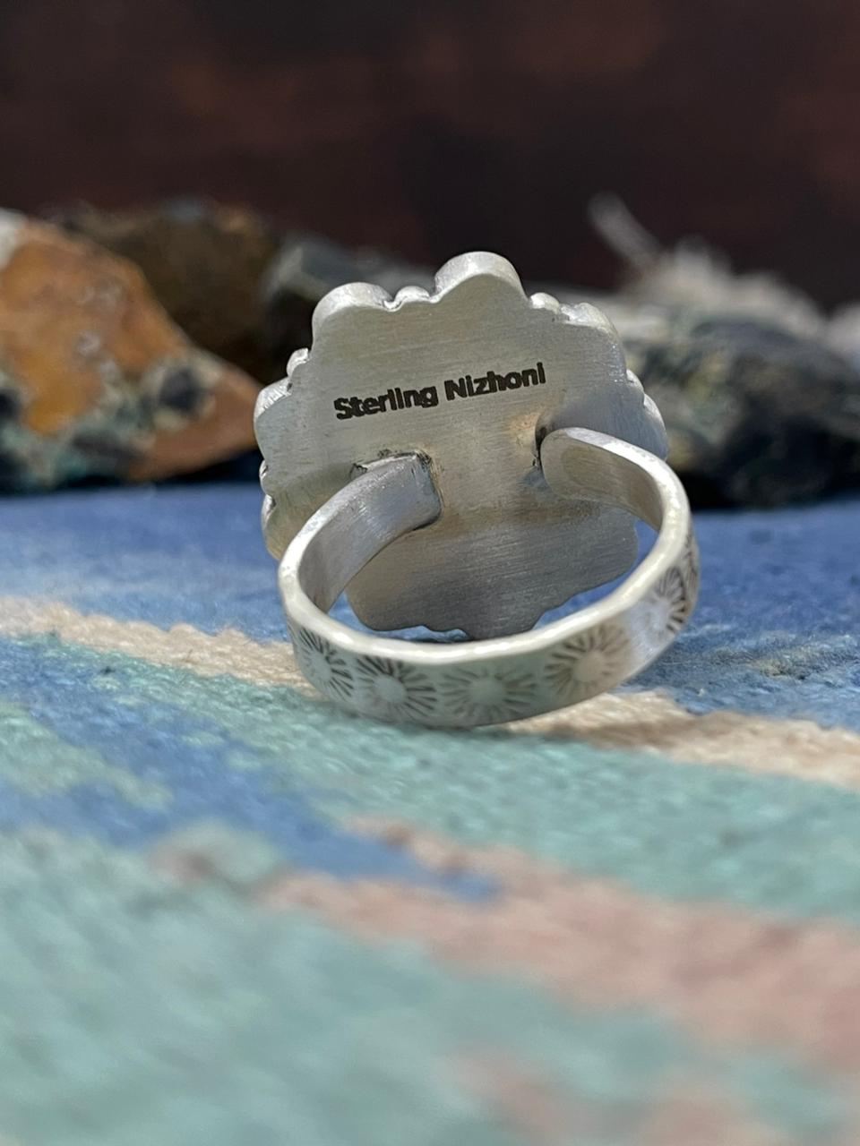 Handmade Sterling Silver White Buffalo Turquoise Adjustable Ring " Signed Nizhoni"