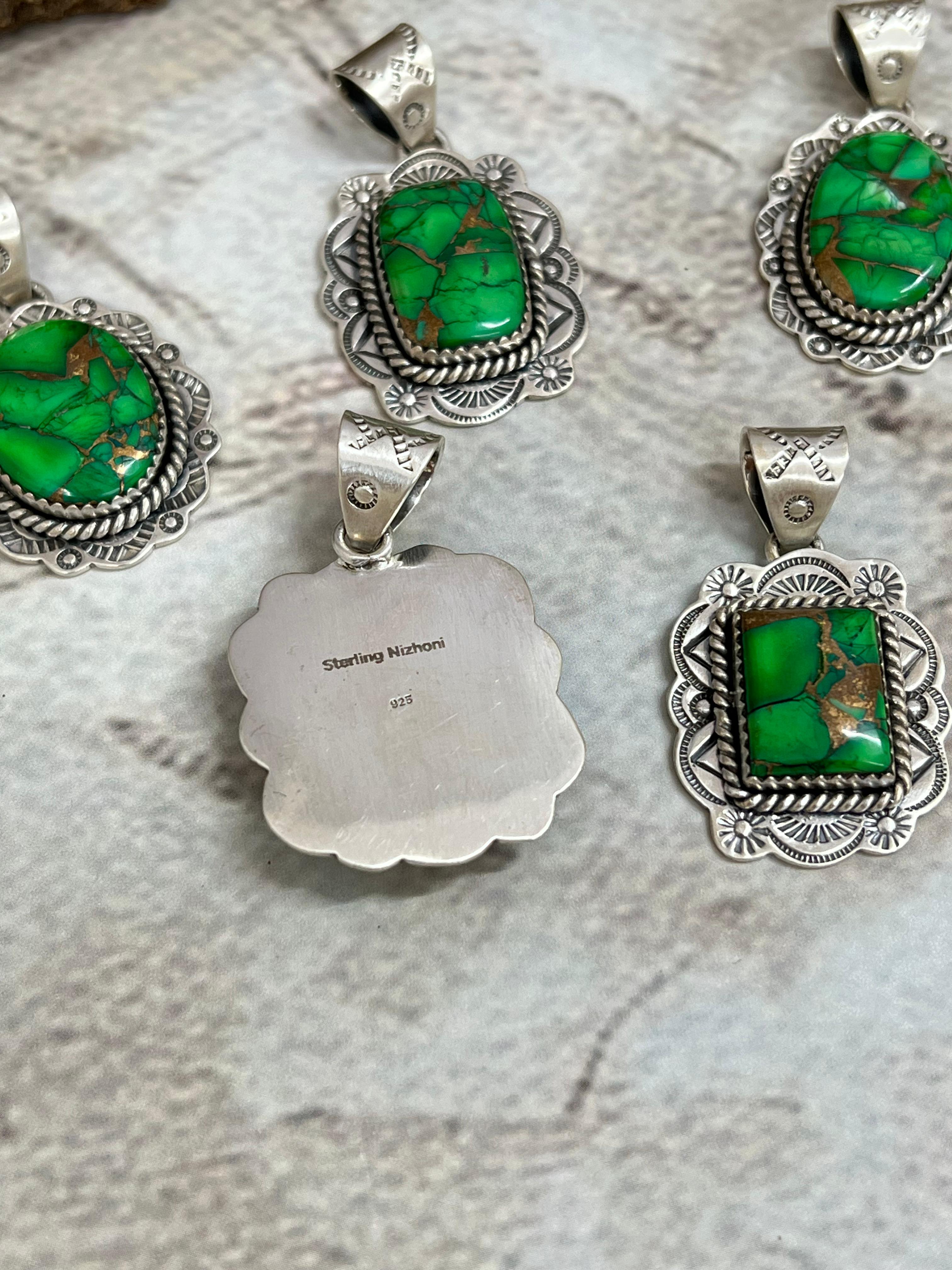 Handmade Sterling Silver Kelly Green Dahlia Pendant with Signed Nizhoni