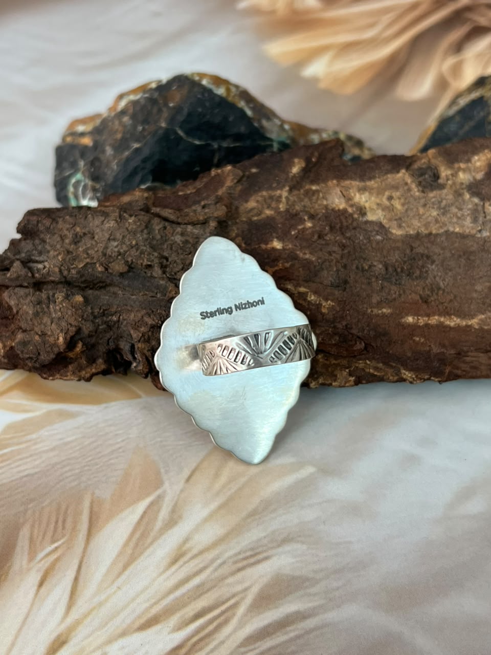 Handmade Sterling Silver Kingman Turquoise with Rosarita Adjustable Cherry Ring Signed Nizhoni