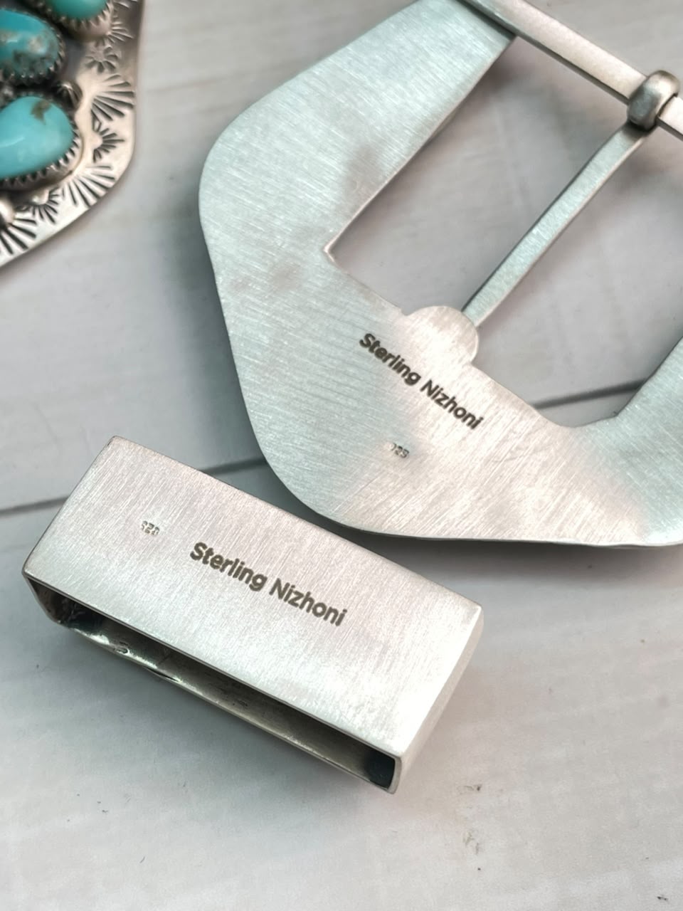Handmade Sterling Silver Campitos Turquoise Collection: Belt Buckle Set Signed Nizhoni