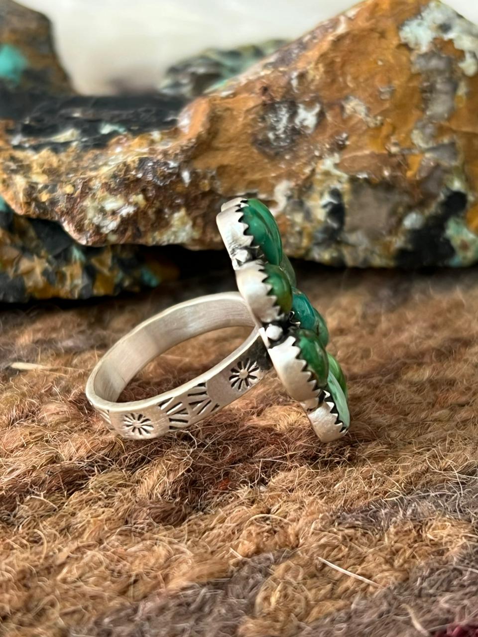 Handmade Sterling Silver Emerald Valley Turquoise Adjustable Ring "Signed Nizhoni"