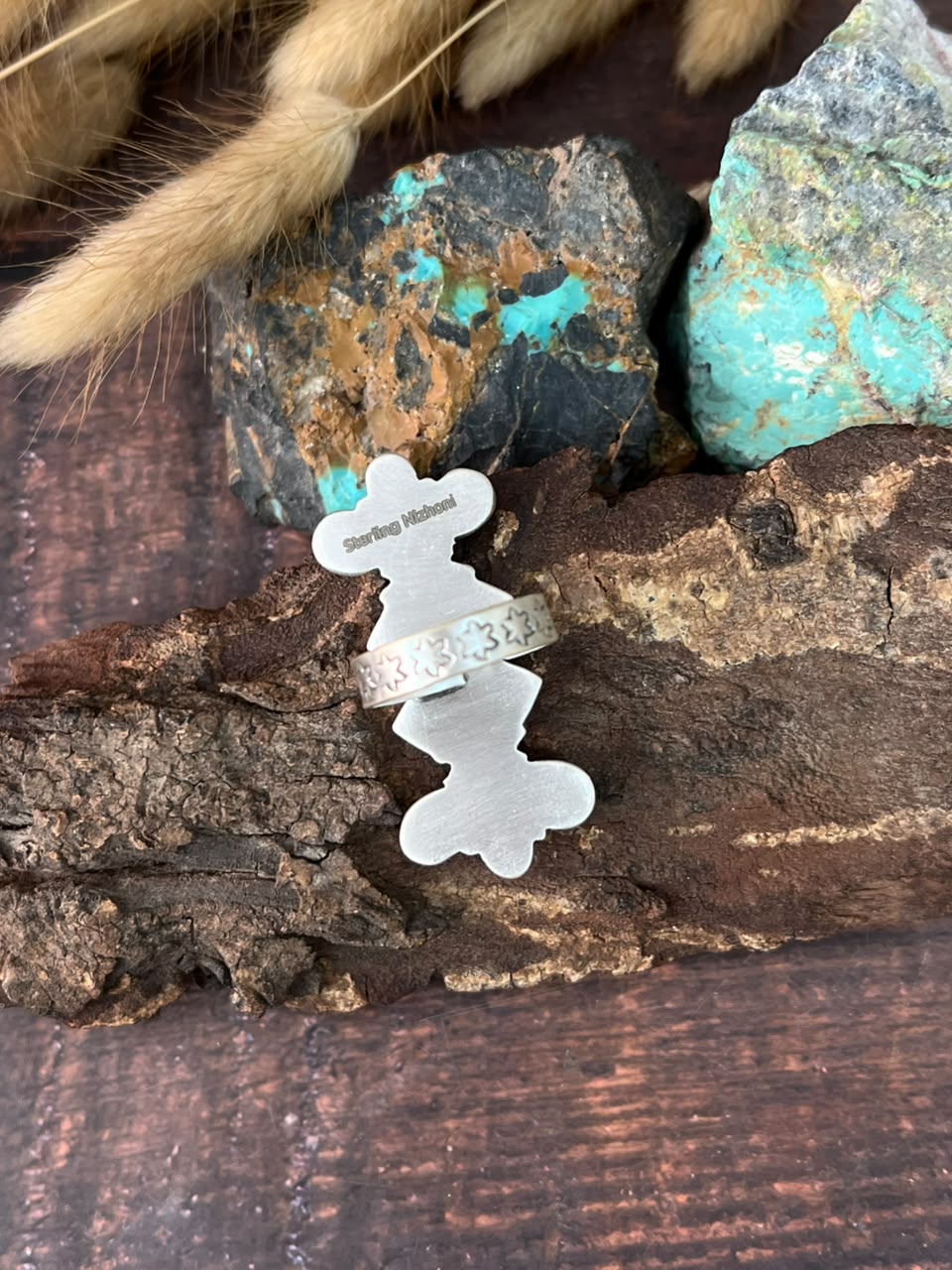 Handmade Sterling Silver Carico Lake with Palomino Turquoise and Cotton Candy Adjustable Ring Signed Nizhoni (6)
