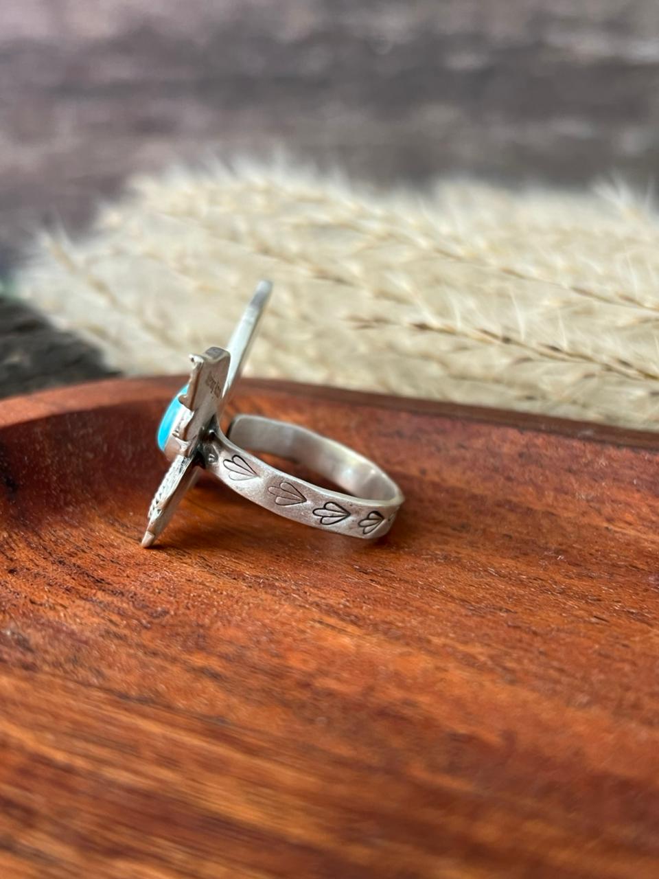 Handmade Sterling Silver Kingman Turquoise Adjustable Butterfly Ring "Signed Nizhoni"