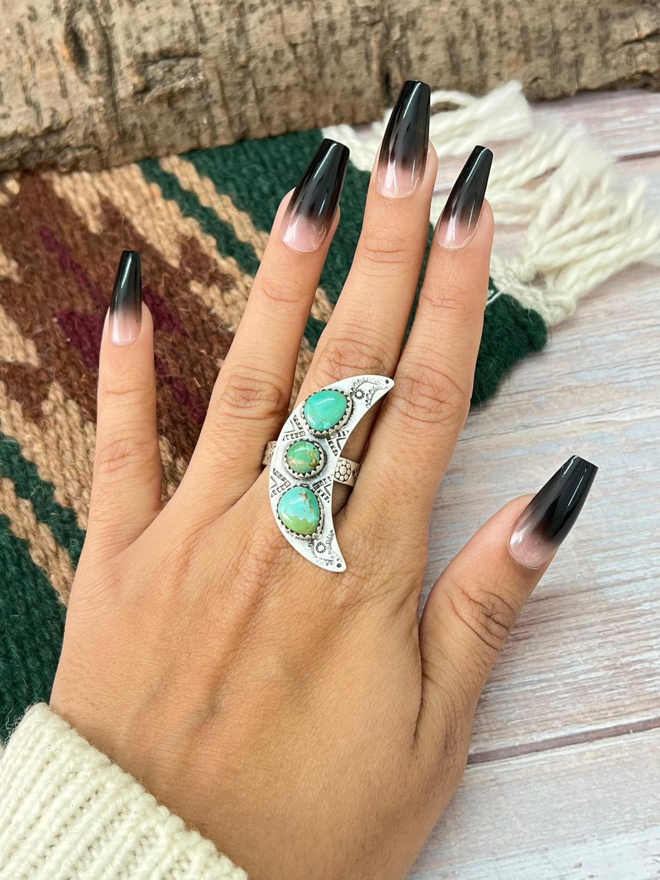 Handmade Sterling Silver Kingman Turquoise Moon Adjustable Ring "Signed Nizhoni"