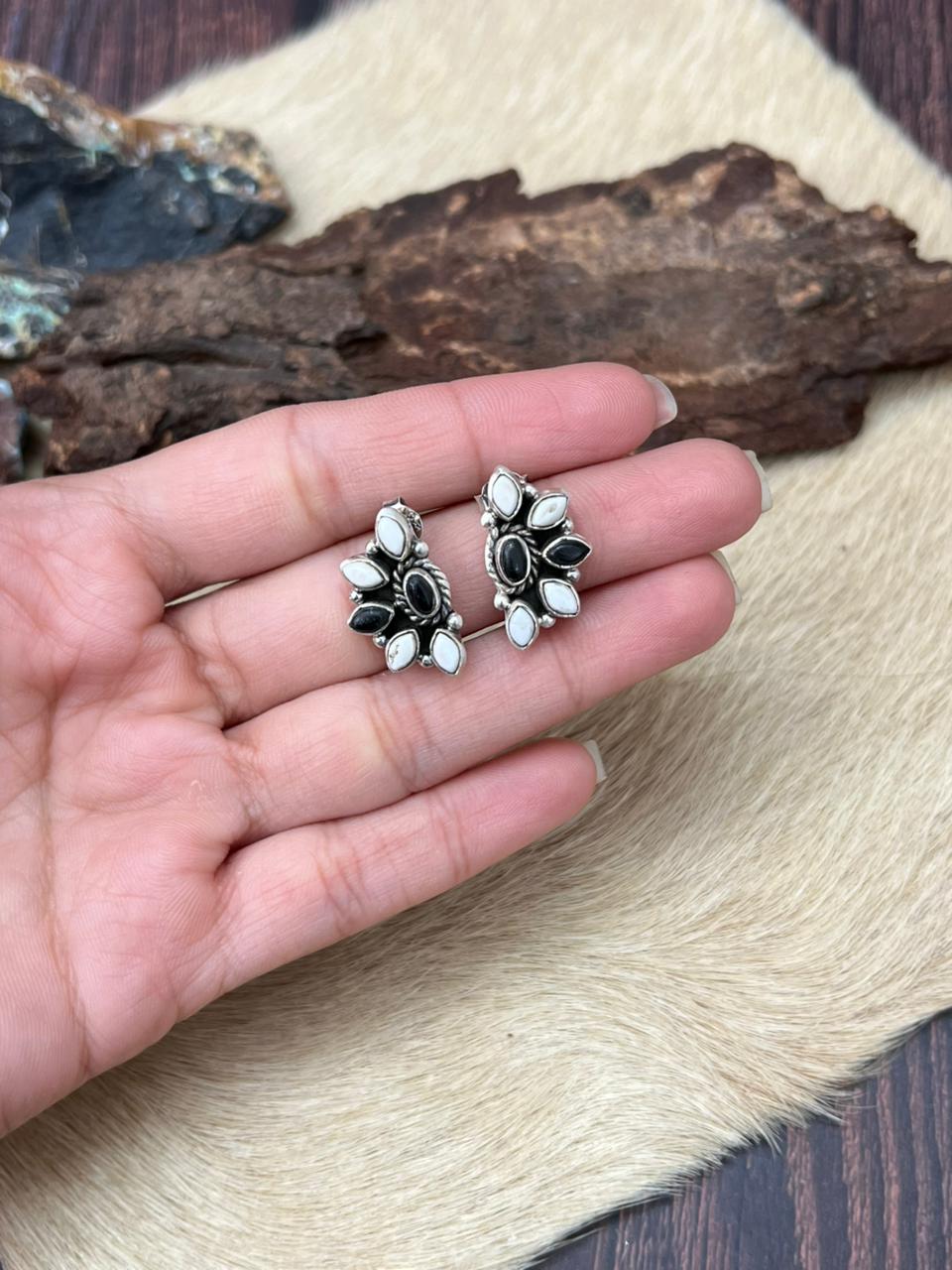 Handmade Sterling Silver White Buffalo Post Studs Earrings "Signed Nizhoni"